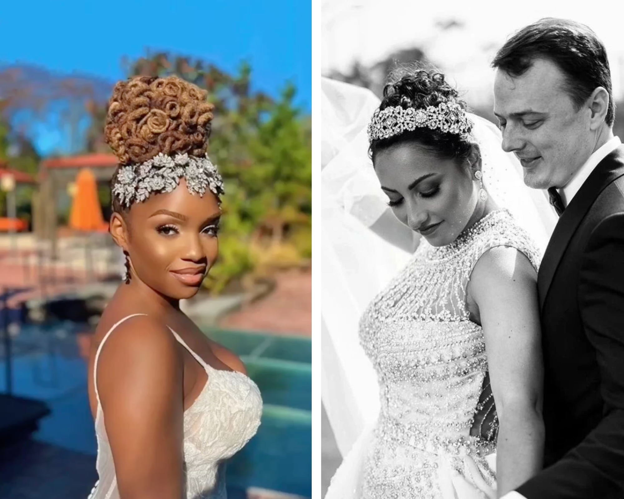 One bride wearing her coils in a timeless updo. The other is wearing her tight curls in a classic updo.