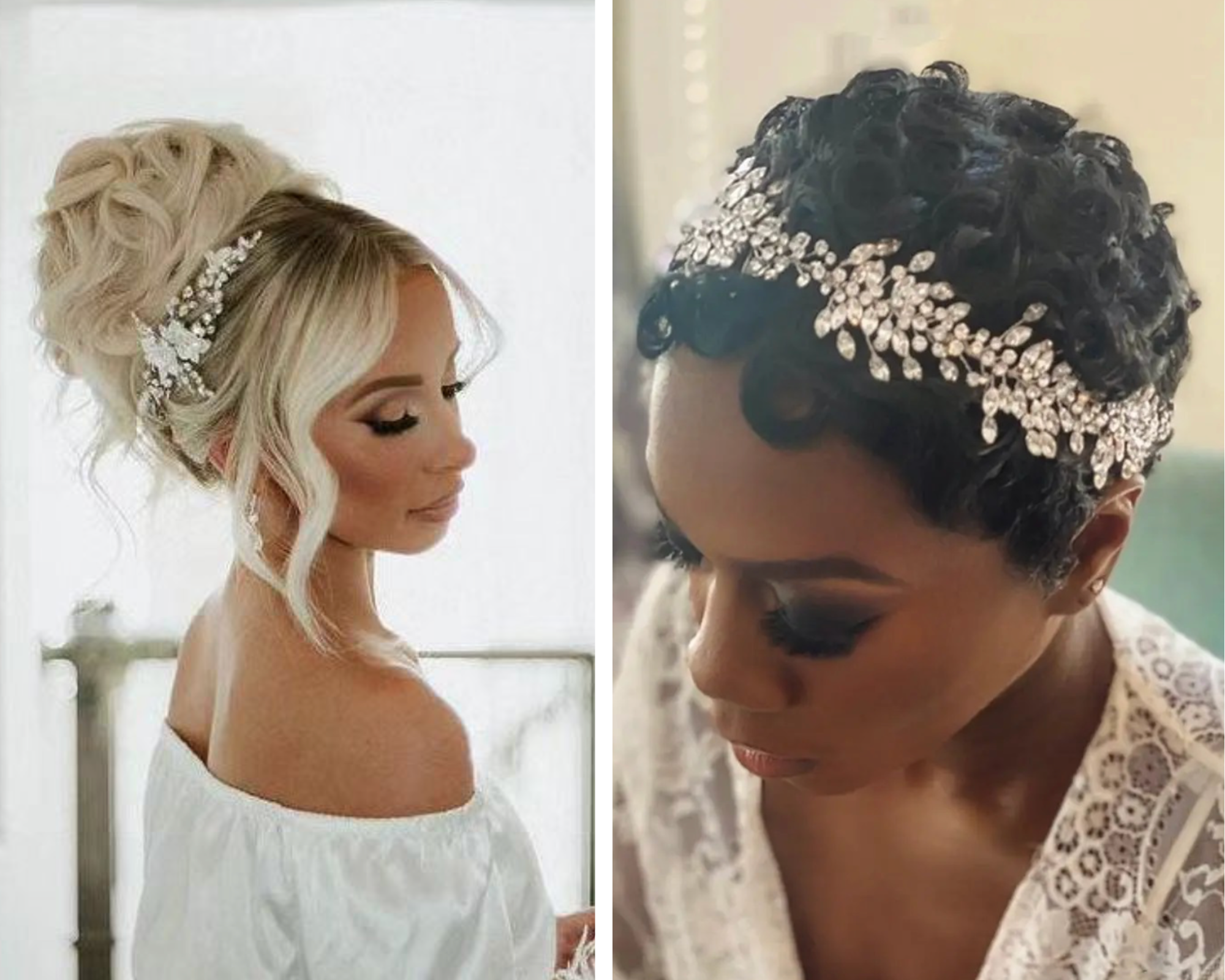 One bride wearing her curls in a timeless updo. The other is wearing her short ringlets with a crystal bridal headband.