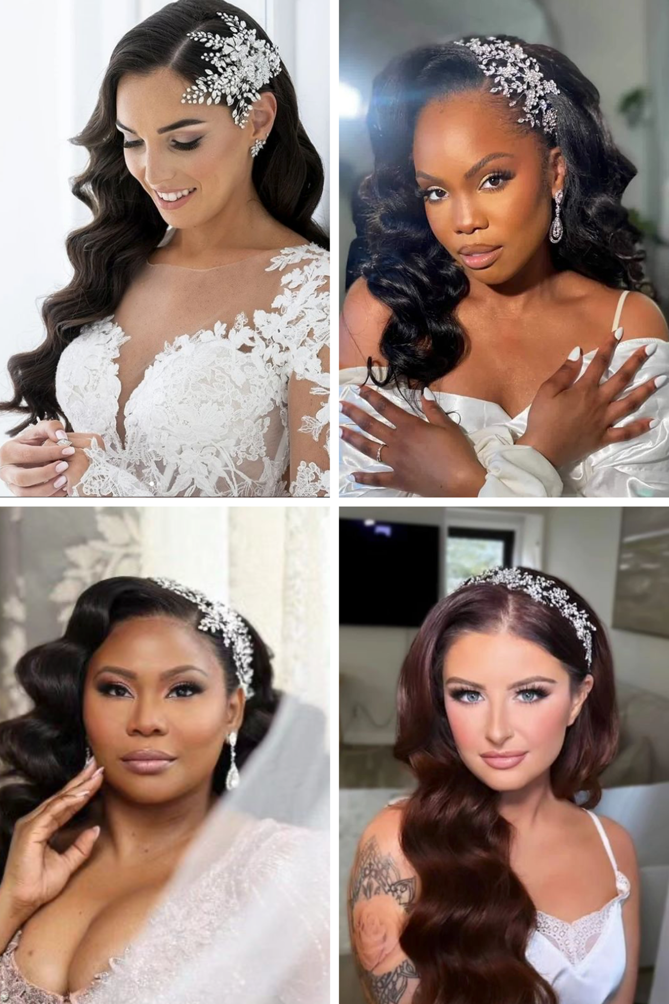 4 images in a collage showing different brides wearing their long hair in Hollywood waves with accessories