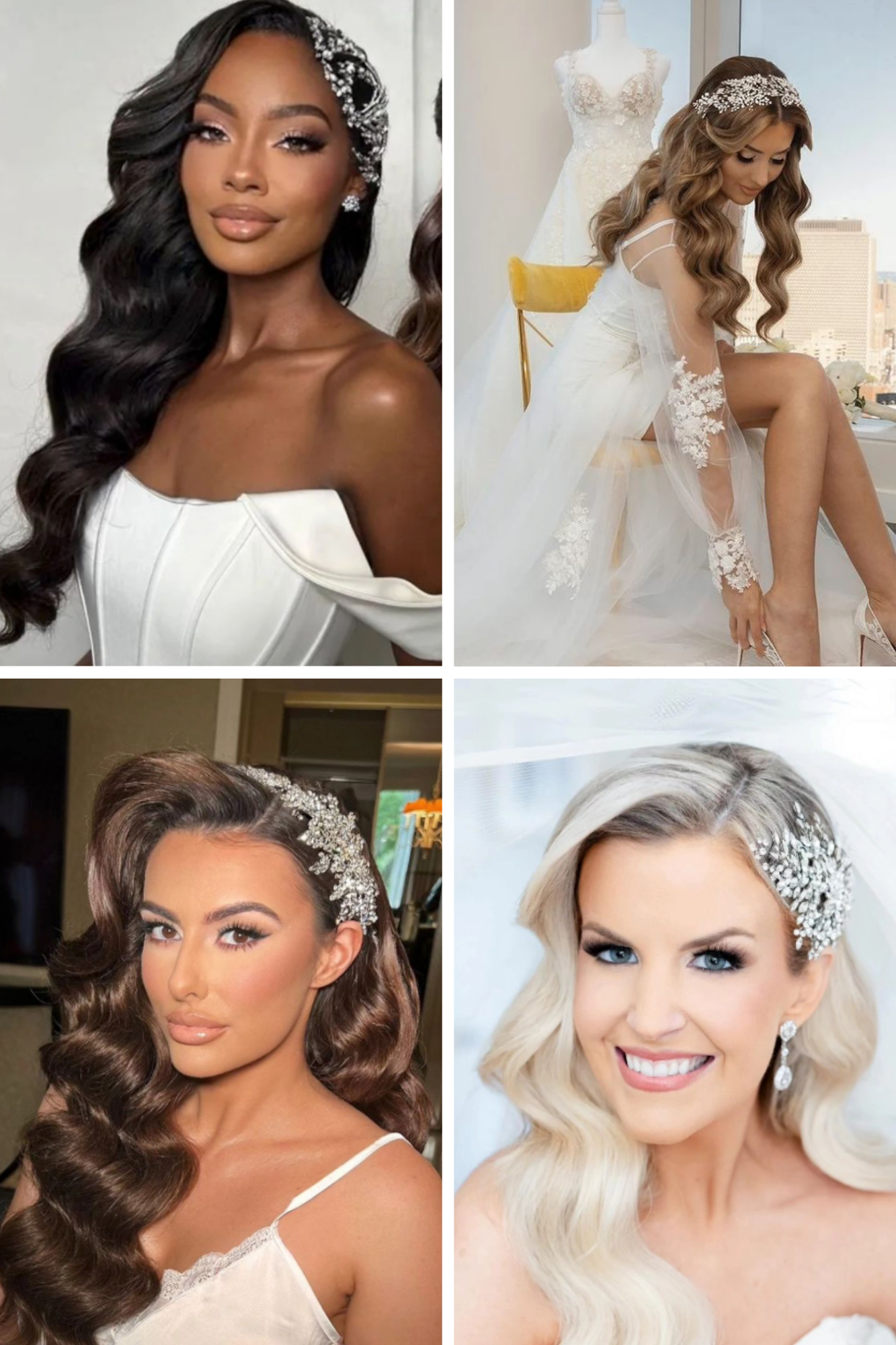 4 images in a collage with brides wearing their hair in Hollywood waves with accessories