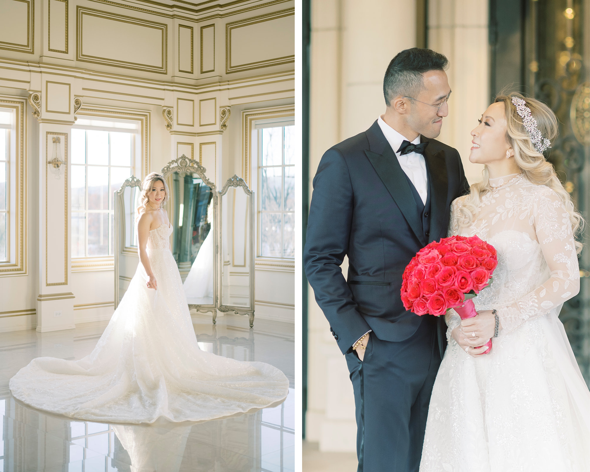 Our beautiful bride wearing her lace wedding dress. Her blonde hair is in soft waves and she’s wearing a sparkling halo bridal headpiece.