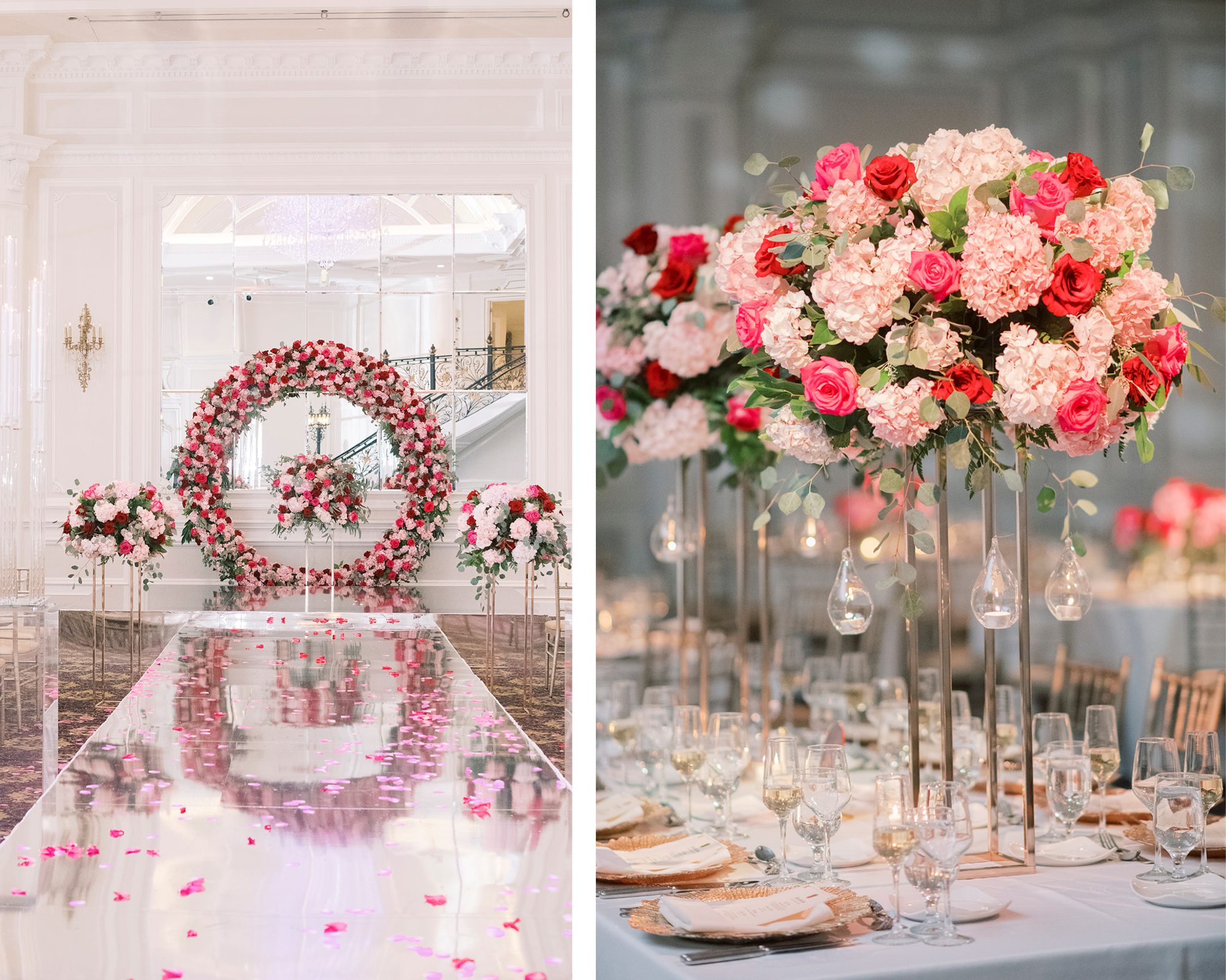 Yvonne’s opulent and modern wedding décor at Legacy Castle. Her pink color palette with touches of gold is stunning!