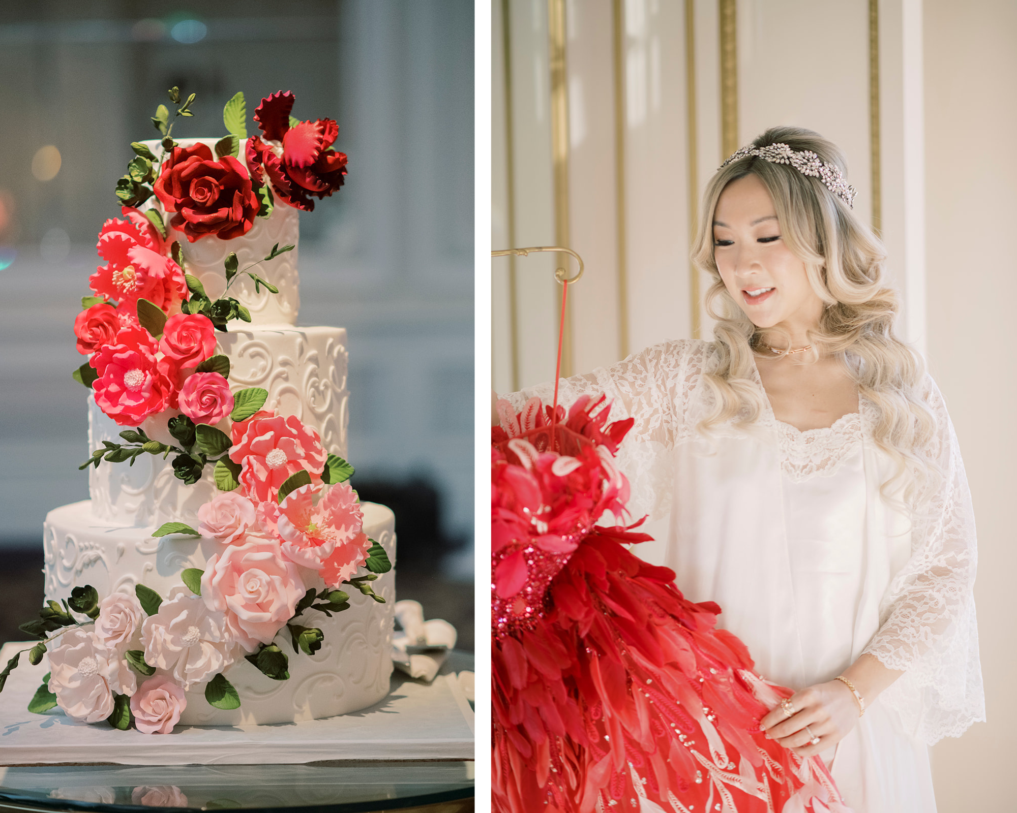 Yvonne’s beautiful white, pink, and red wedding cake, and an image of Yvonne with her pink second wedding dress.