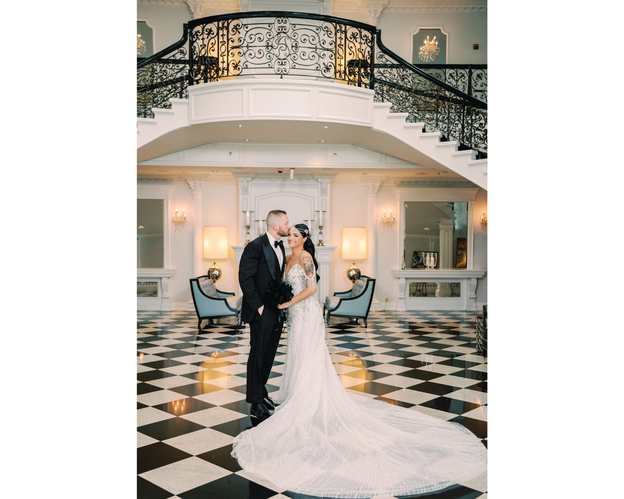 Great Gatsby-inspired bride with black and white hair. She's wearing a Swarovski-crystal bridal halo headpiece and beaded gown.