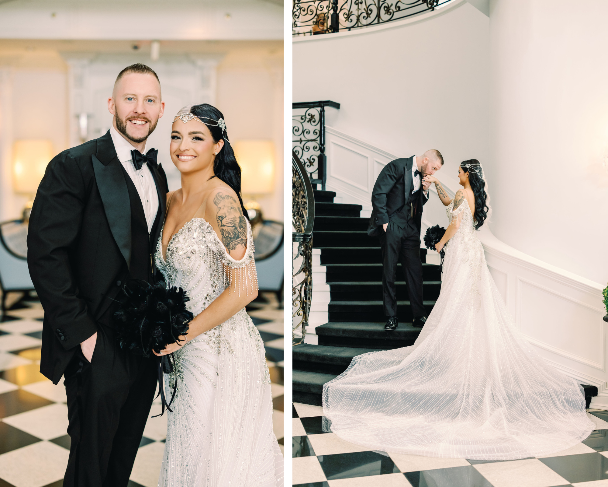 Great Gatsby-inspired bride with her handsome groom. She's wearing a Swarovski-crystal bridal halo headpiece and beaded gown.