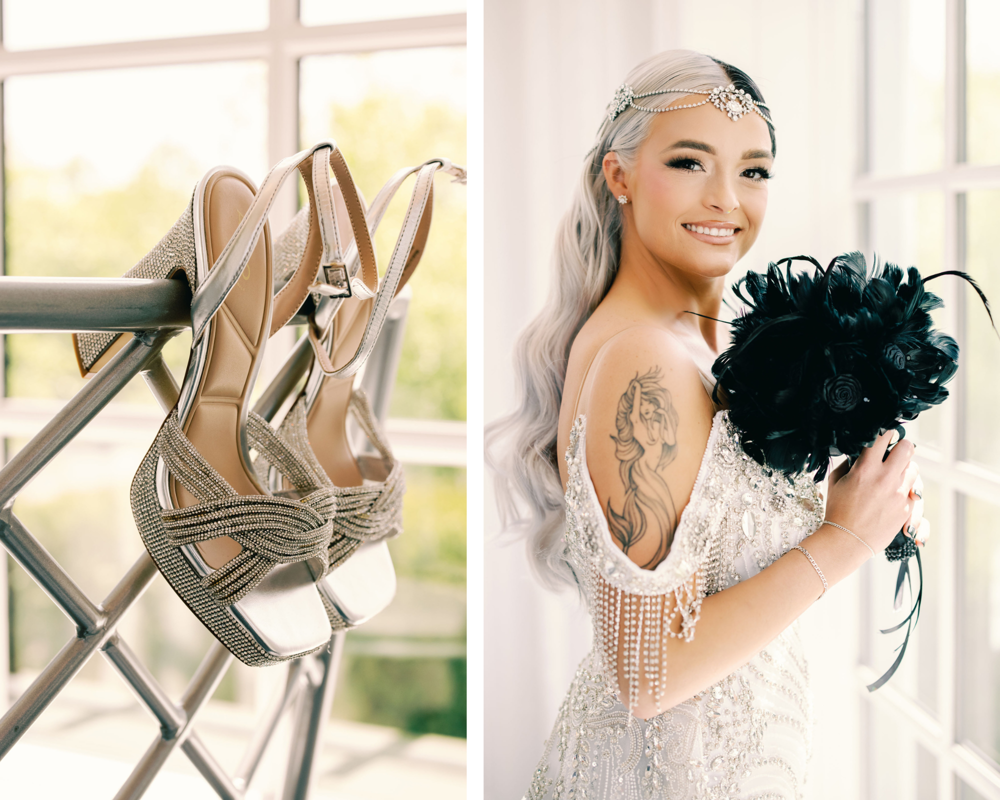 Fabulous 1920s-inspired bride with black and white hair. She's wearing a Swarovski-crystal bridal halo headpiece and beaded gown.