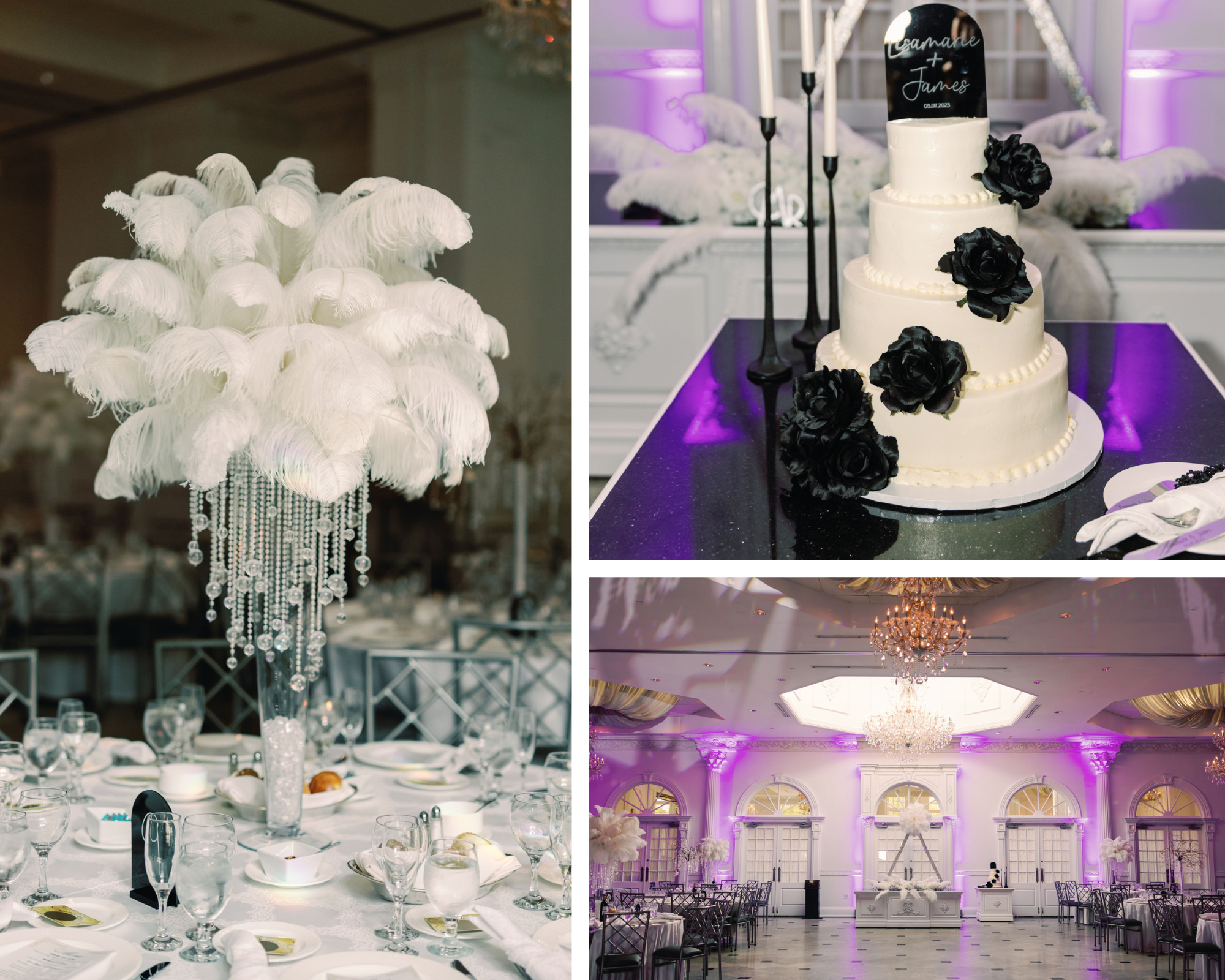 Purple, black and white Great Gatsby-inspired wedding reception decor.