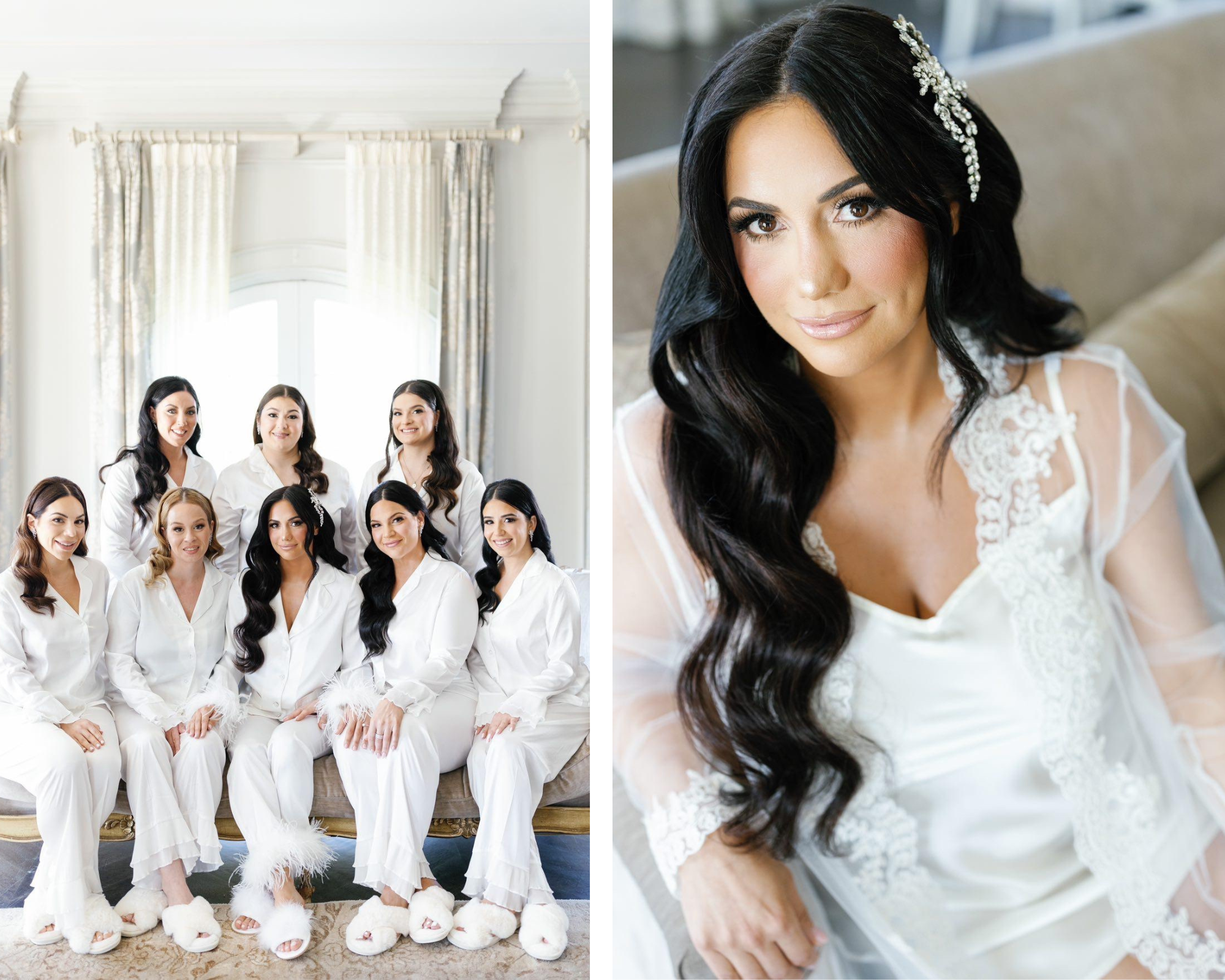 Our beautiful bride getting ready with her bridesmaids. She's wearing a crystal bridal comb and a lacy bridal robe.