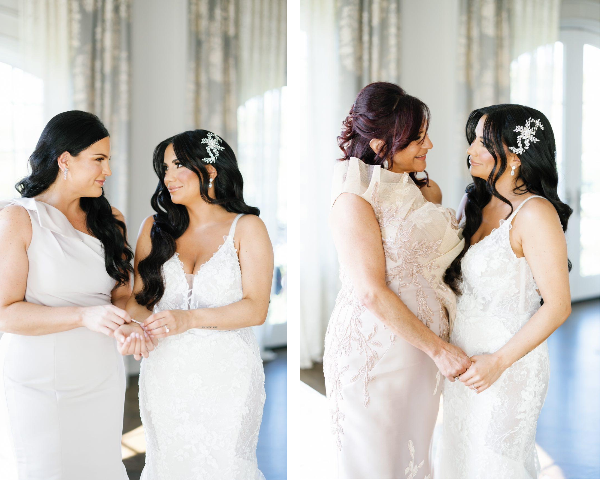 Our beautiful bride with her mom. The bride is wearing a crystal bridal comb and her lace wedding dress.