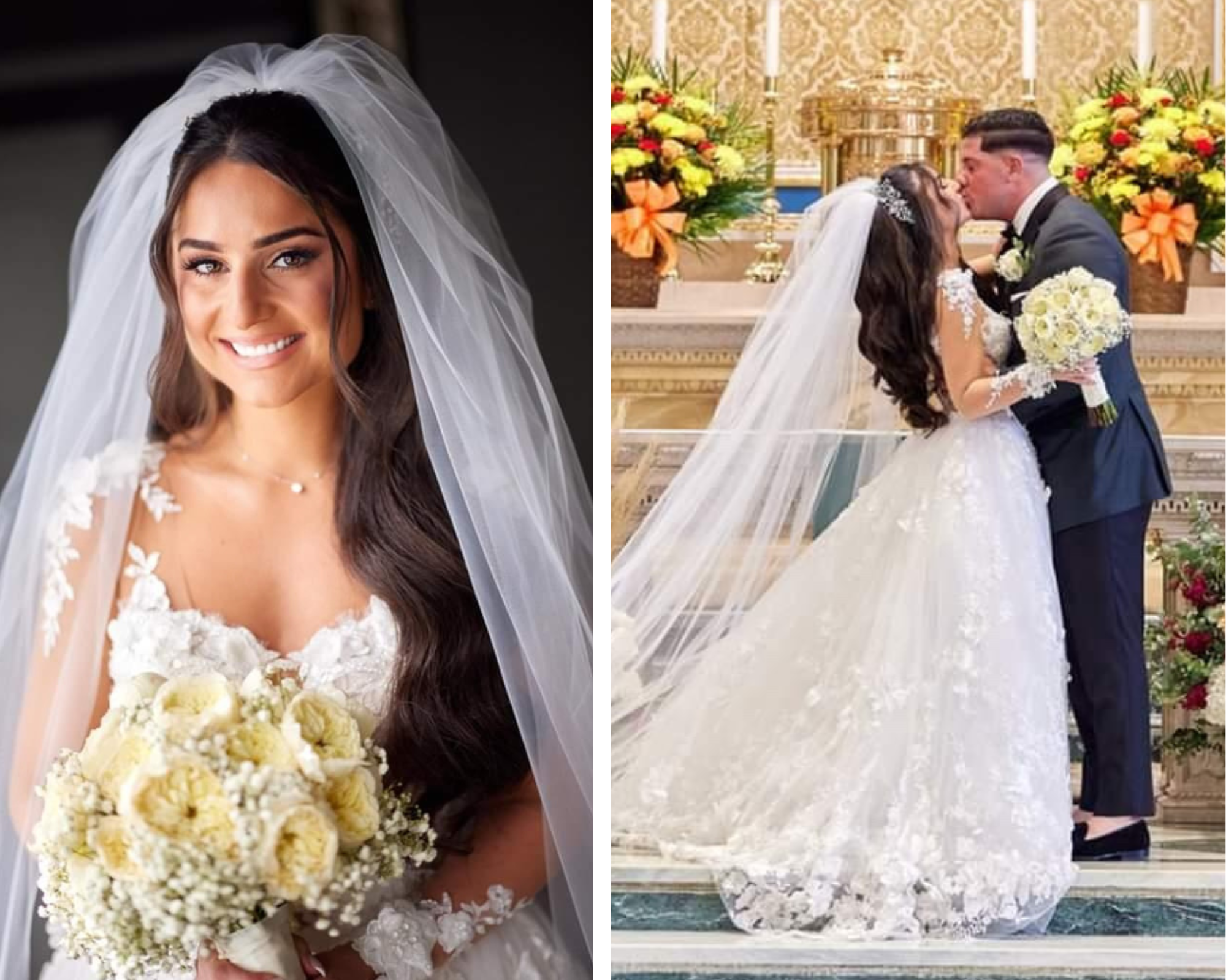 Beautiful Amanda  wearing her veil and  crystal bridal hair vine. Another picture of our bride kissing her groom at the altar.