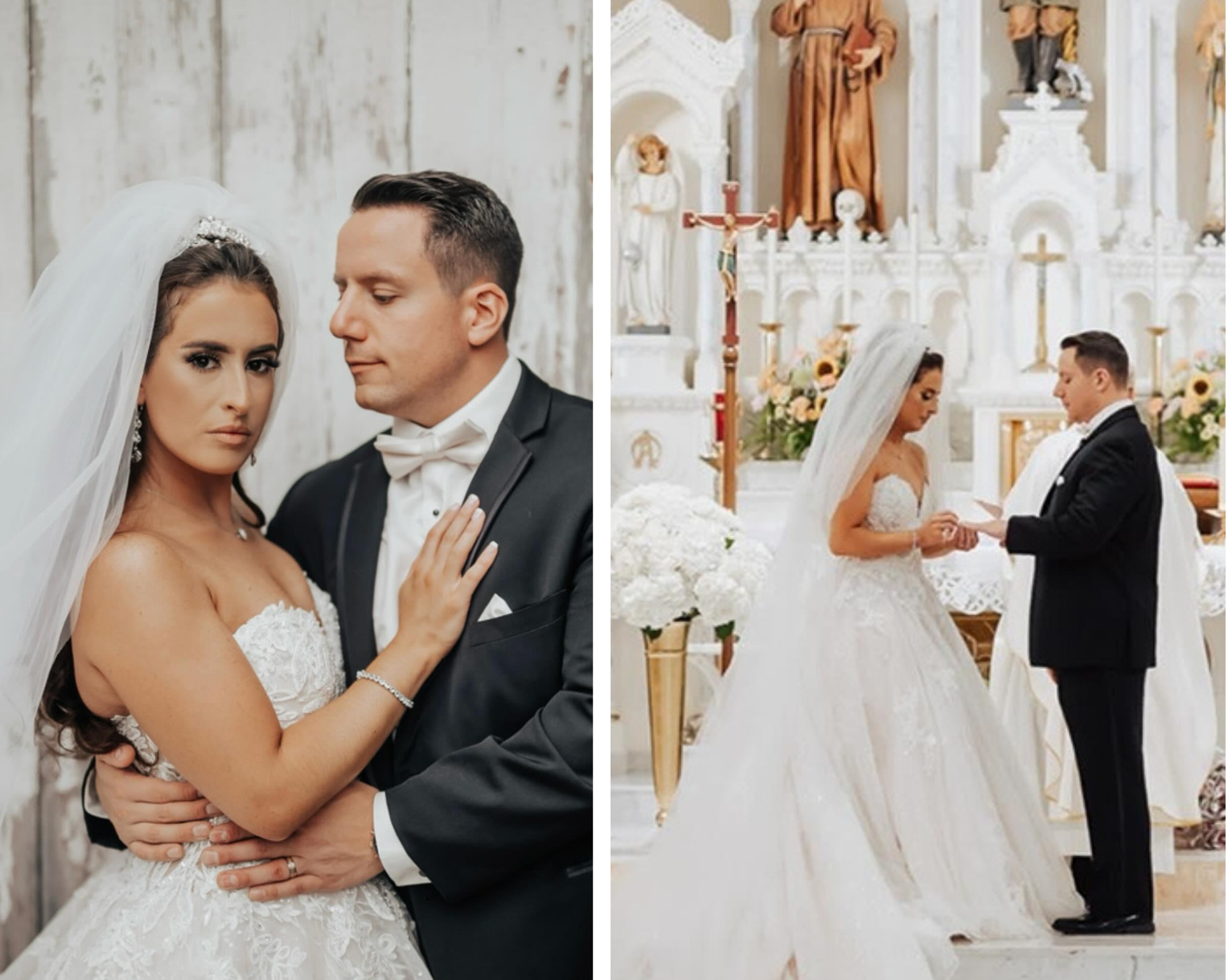 A beautiful bride with her groom. She is wearing an elegant wedding dress with her hair down and custom crystal flower headband.