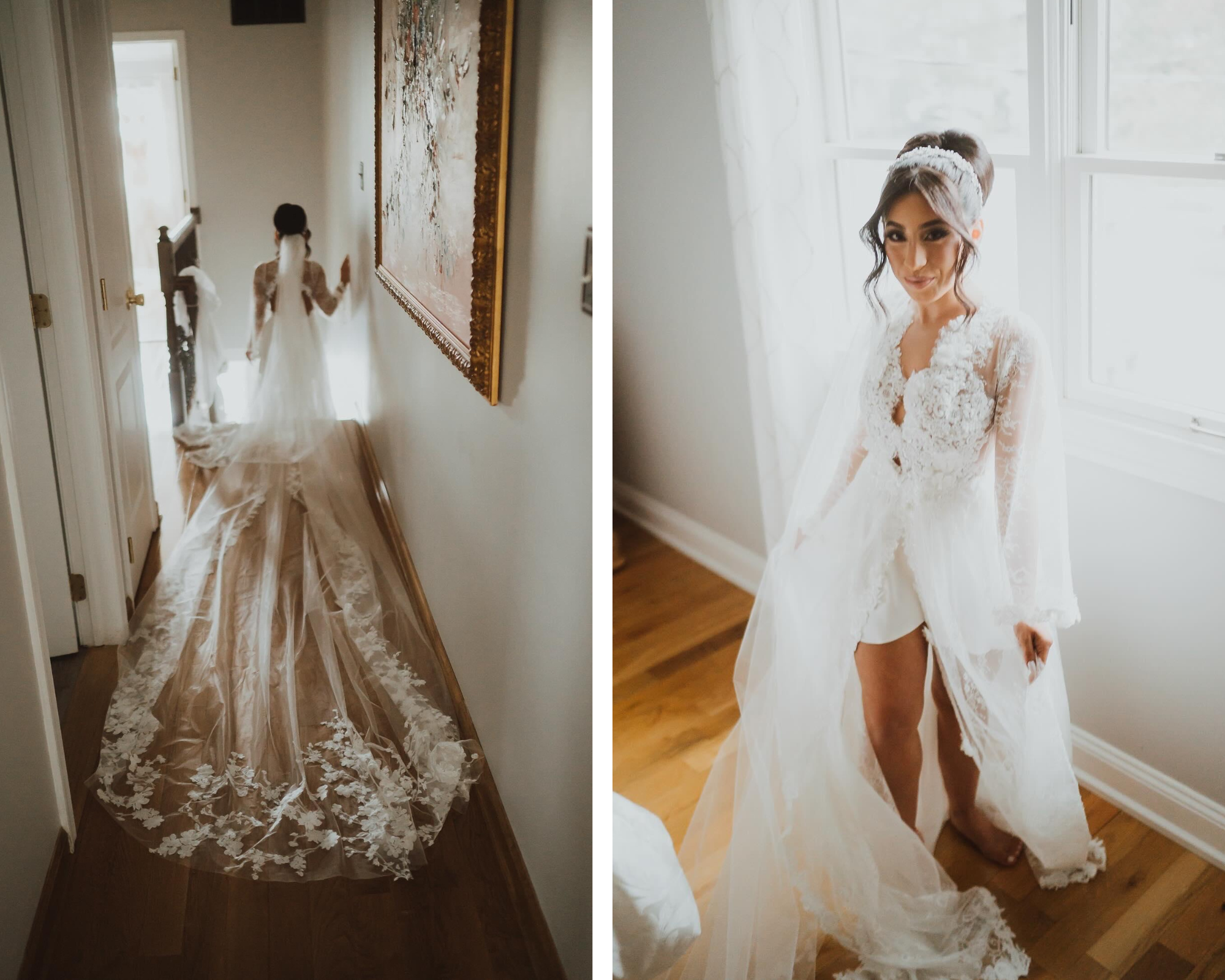 Our beautiful bride getting ready in her Lé Laurier robe, Swarovski crystal bridal headpiece, embroidered cathedral veil, and earrings.