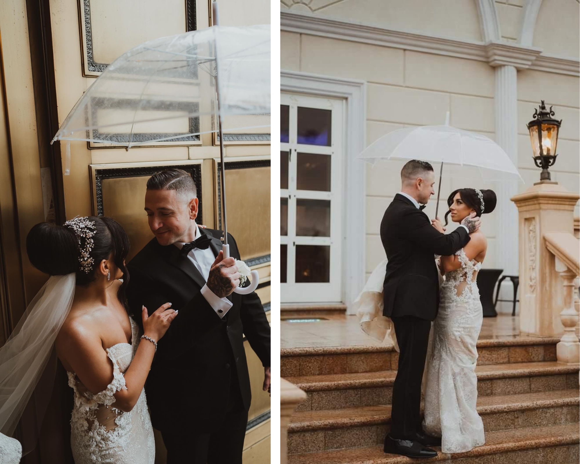 Our bride with her groom in the rain. Lace Berta wedding dress, Swarovski crystal bridal headpiece, embroidered cathedral veil, and earrings.
