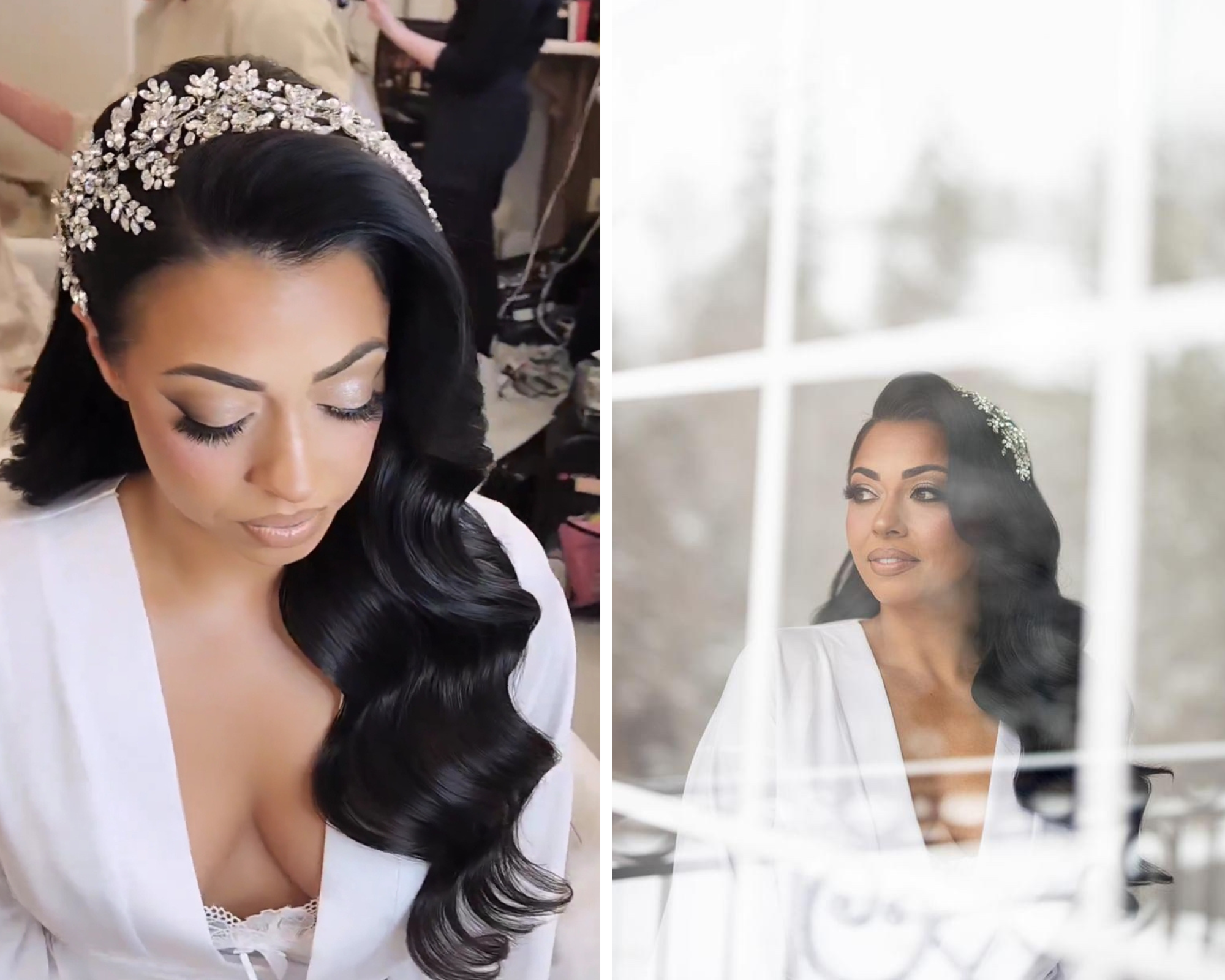 Our beautiful bride models her Swarovski crystal hair vine and makeup as she gets ready for her big day.