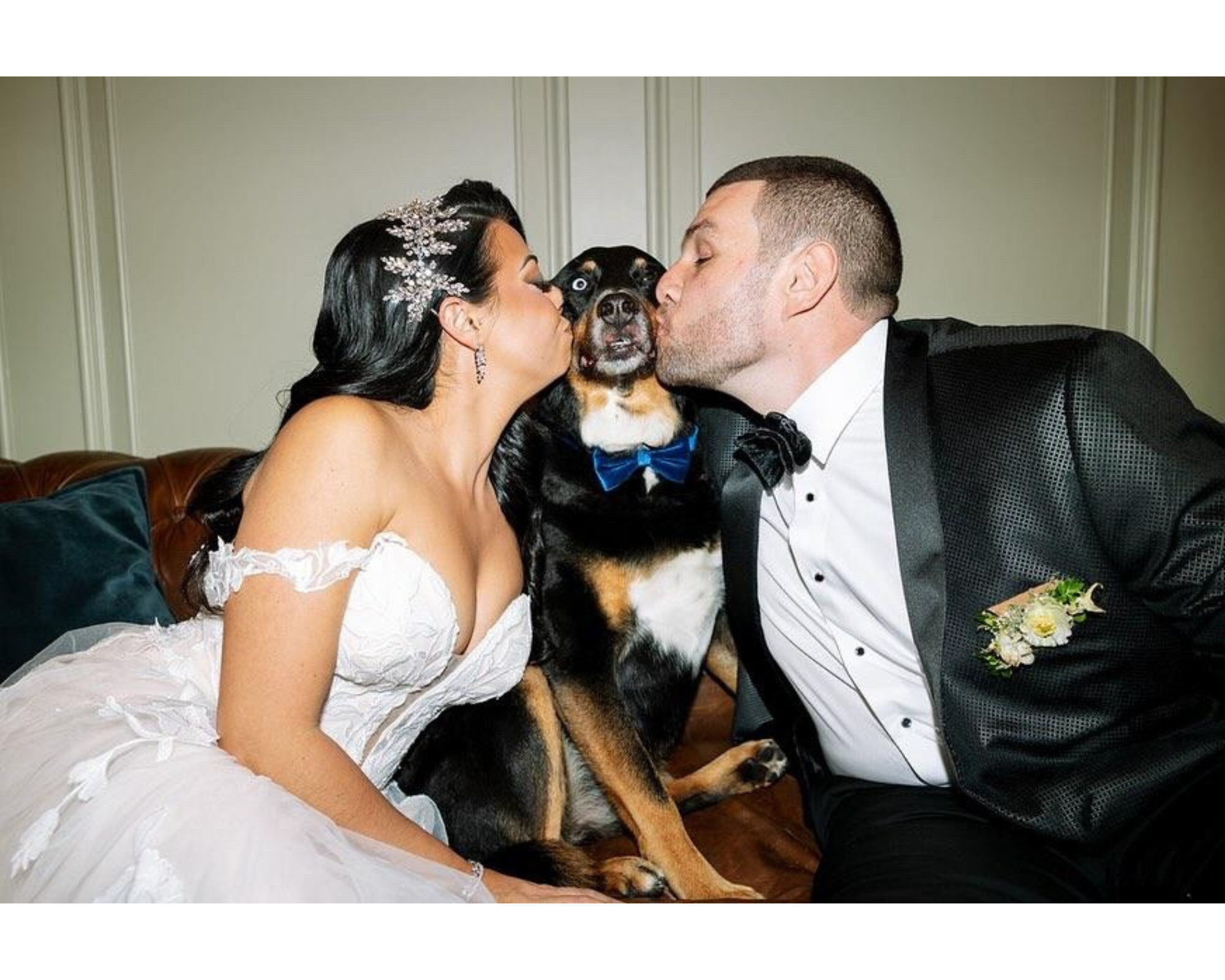Our beautiful bride in her gown and bridal headpiece and her groom in his tux kiss their adorable dog!