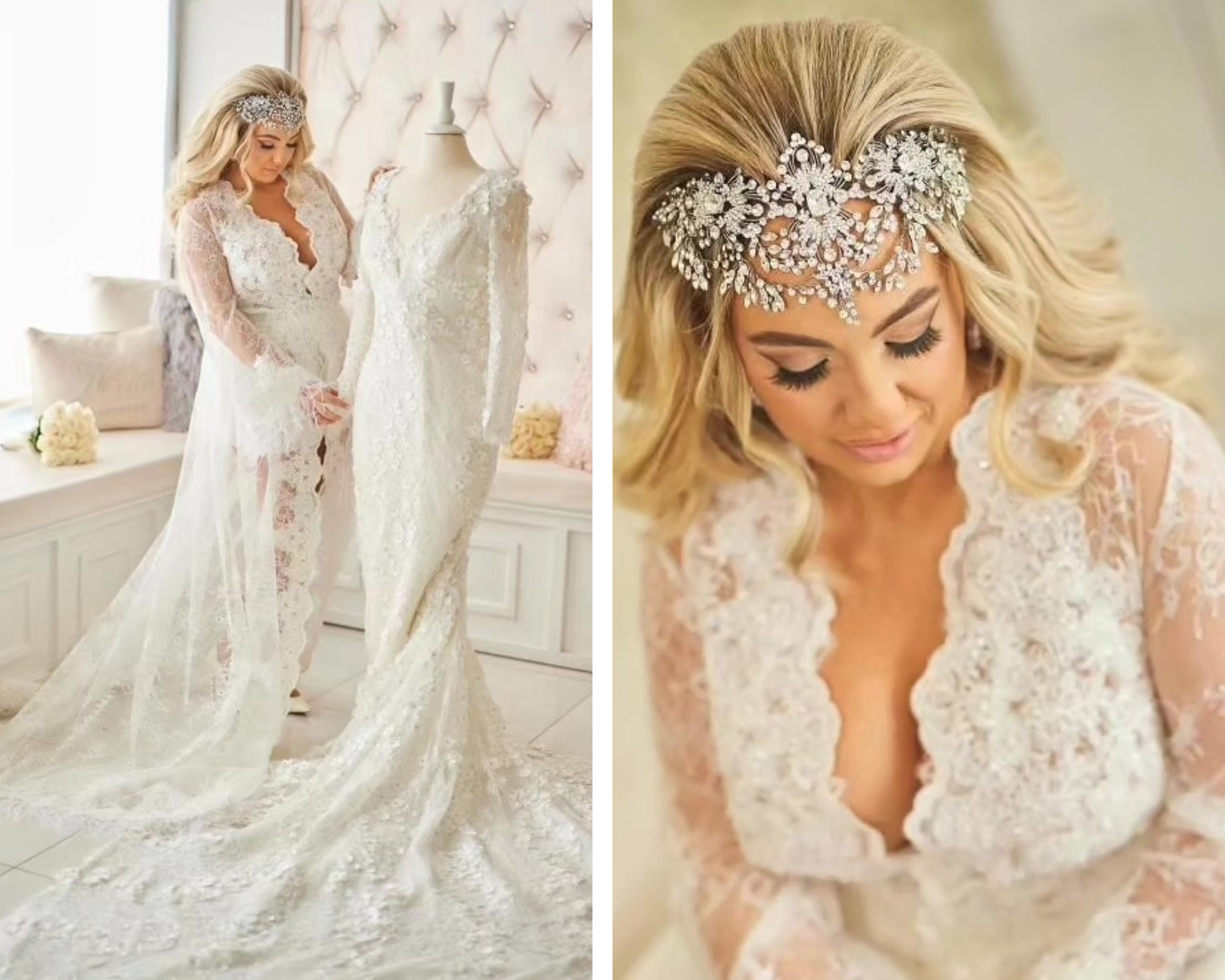 A beautiful blond bride wearing a lace robe and crystal bridal headpiece. She’s standing next to her wedding dress on a mannequin.