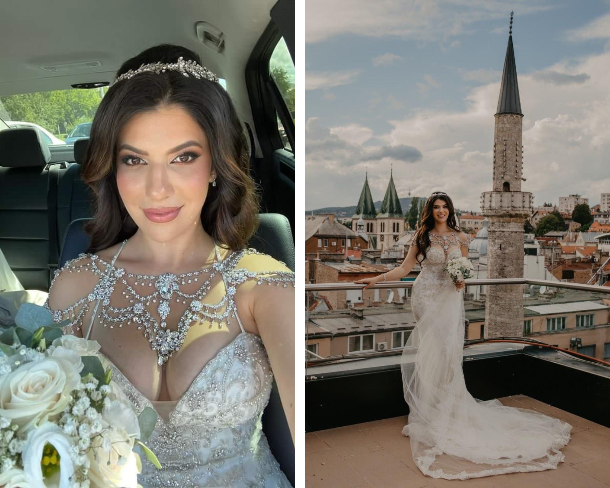 Our beautiful bride modeling her custom Swarovski wedding dress jewelry worn over her shoulders and her crystal wedding headpiece.