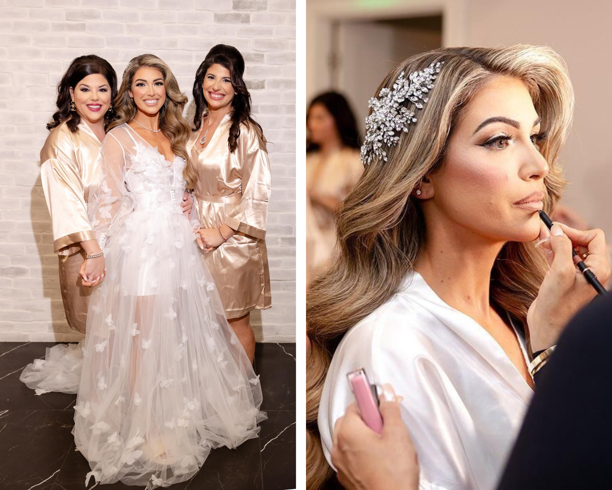 Our beautiful bride Ioanna getting her makeup done. She’s wearing her bridal robe and Swarovski crystal bridal hair vine.