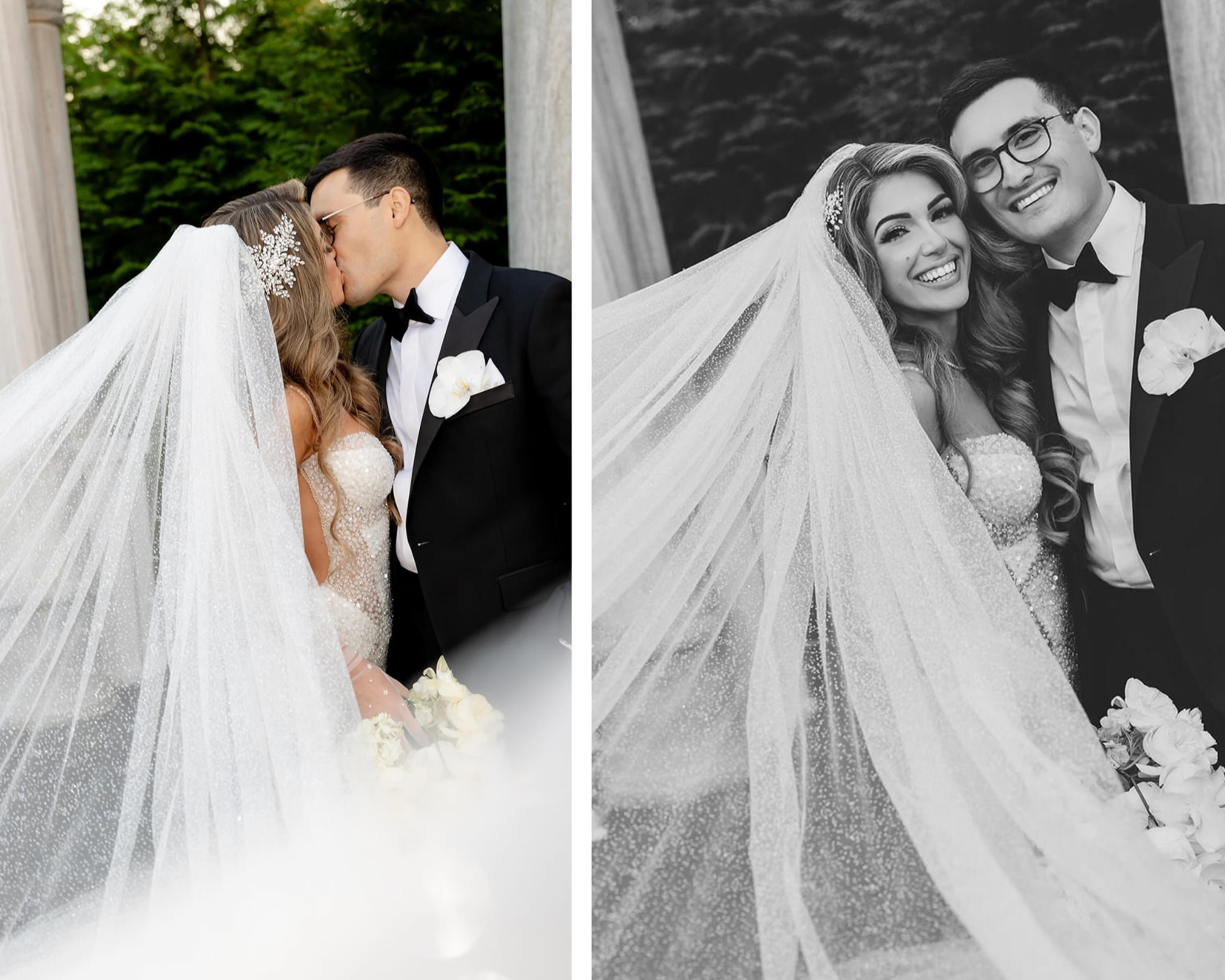 Our beautiful bride Ioanna with her handsome groom — her veil is wrapped around both of them and she is wearing her gown and Swarovski crystal bridal headpiece.