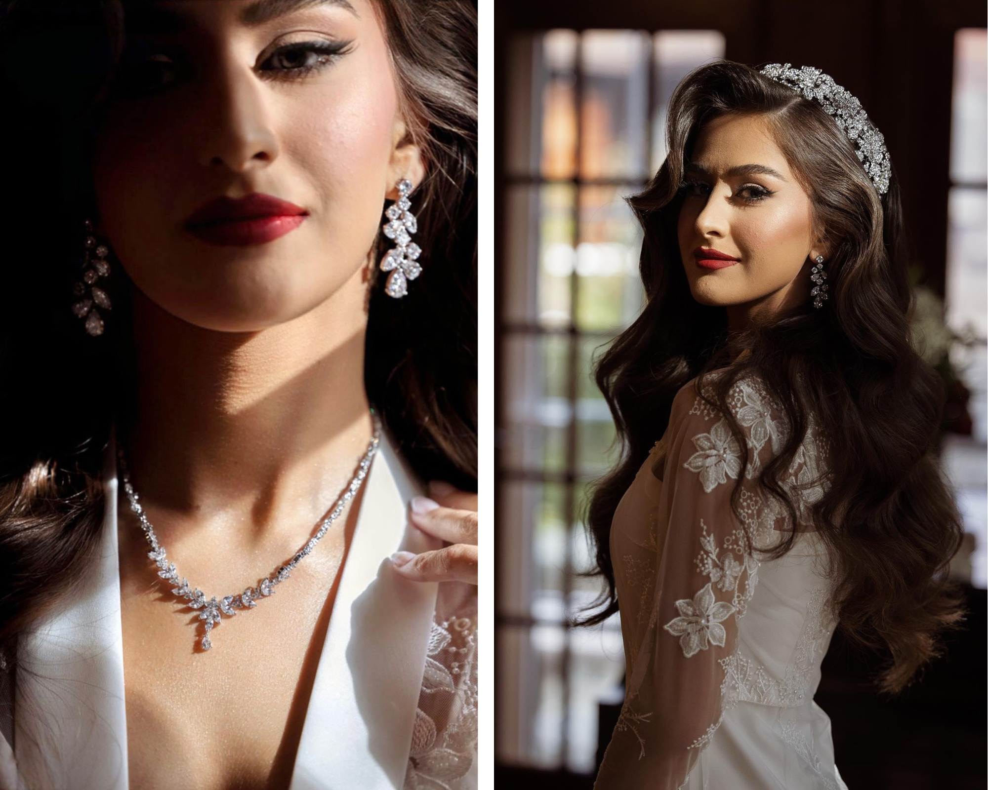 A beautiful brunette bride. Her hair is down and she is wearing a Swarovski crystal headpiece, earrings, and necklace.