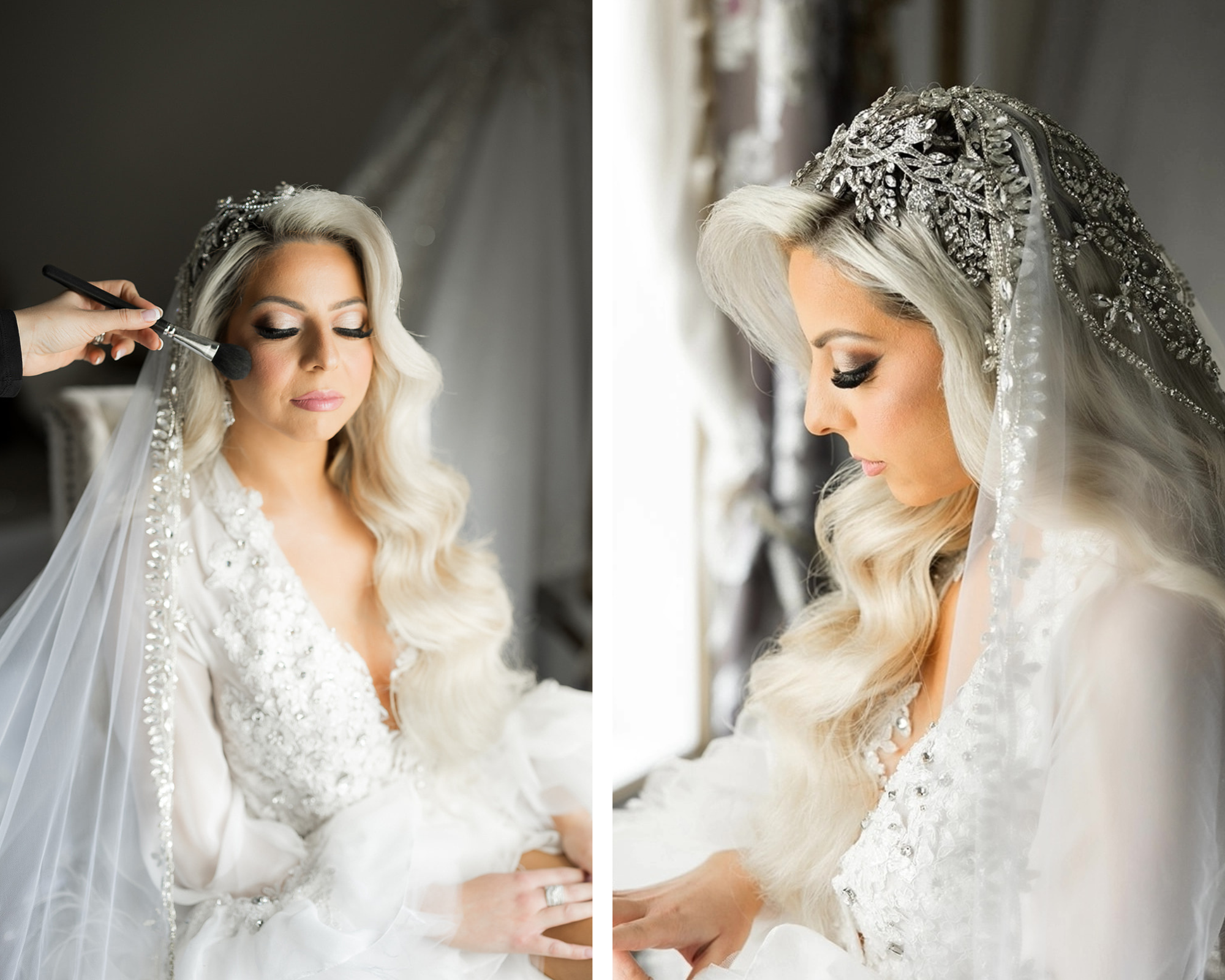 Real bride Sabrina getting ready for her big day. Her blond hair is down and accented by a Swarovski crystal bridal headband and ornate veil.