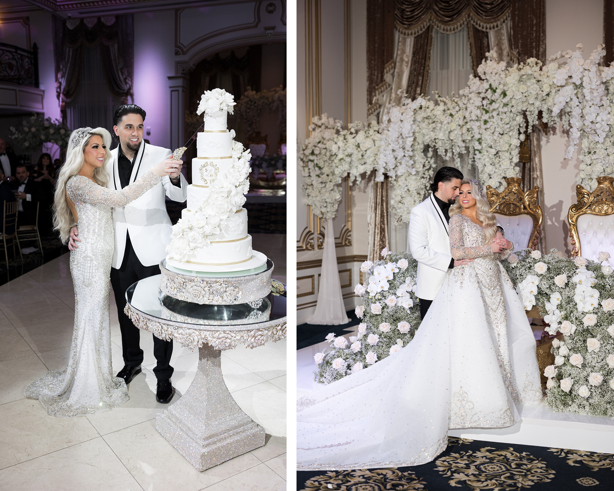 Sabrina and her groom cutting their cake. She's wearing a beaded dress a Swarovski crystal bridal headband. He is in a black and white tux.