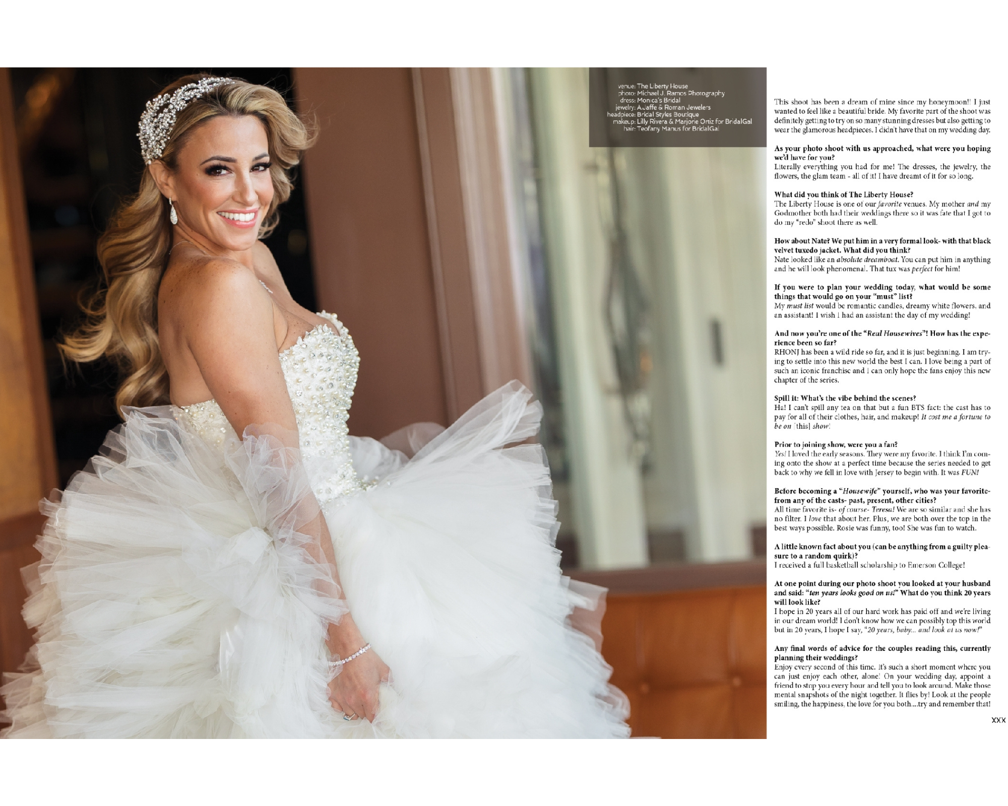 RHONJ Star Danielle Cabral 10th-anniversary shoot for Sophisticated weddings! Danelle’s gorgeous Swarovski crystal + pearl headpiece via Bridal Styles Boutique, and her wedding gown via Monica's Bridal. 