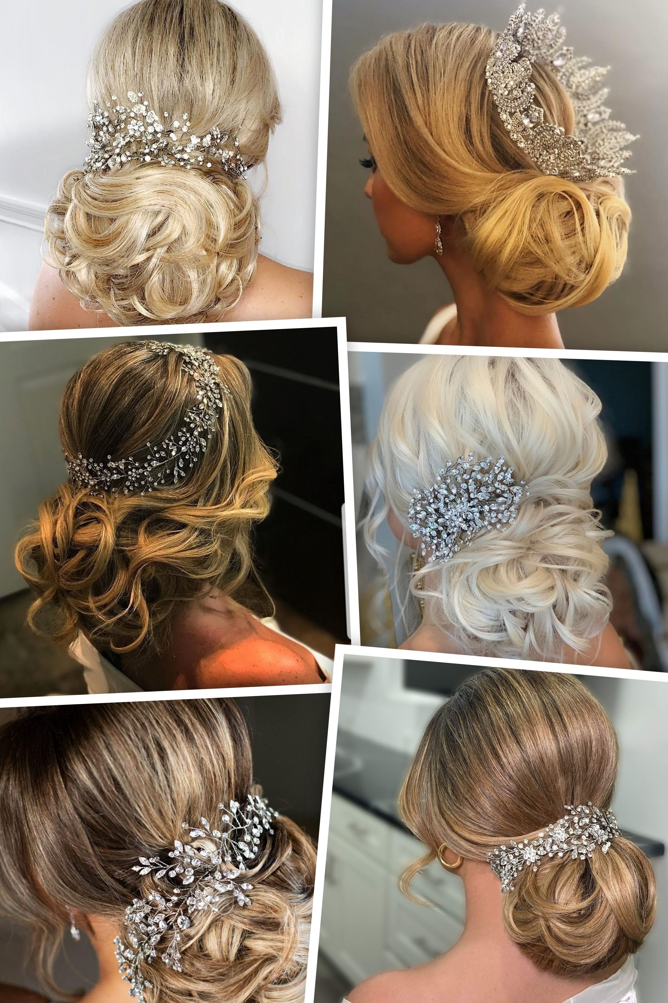 6 bold crystal bridal bridal hair accessories accenting the back of different low bun wedding day hair styles.