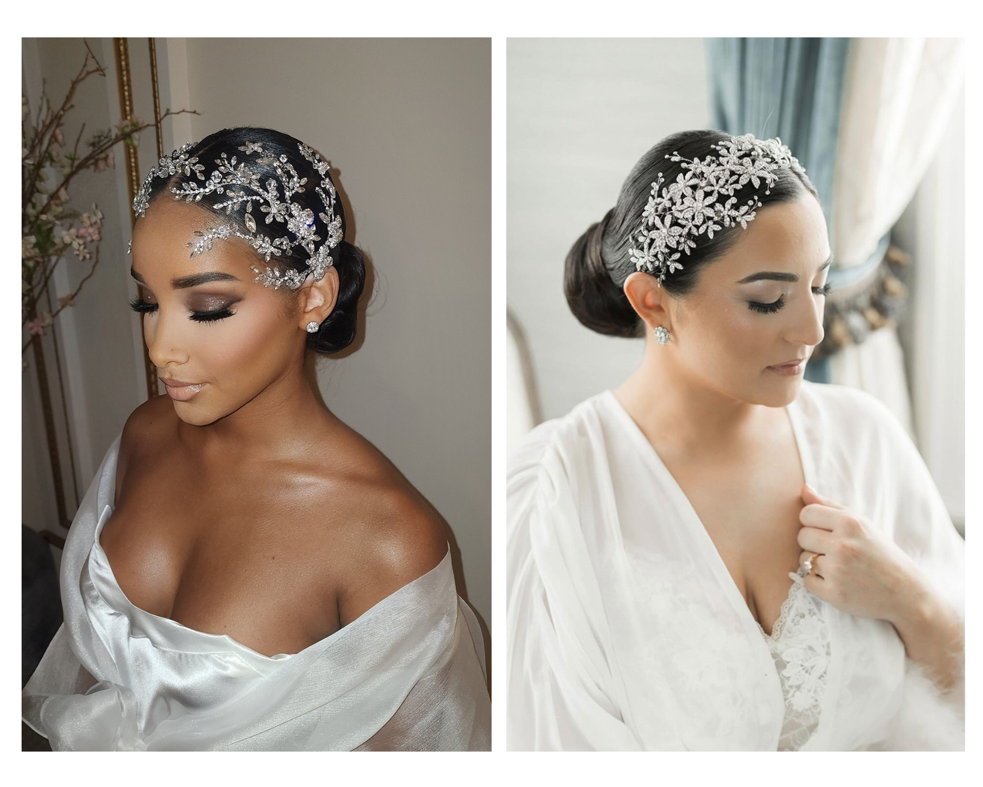 Low bridal buns styled with sparkling crystal hair vines that frame the face.
