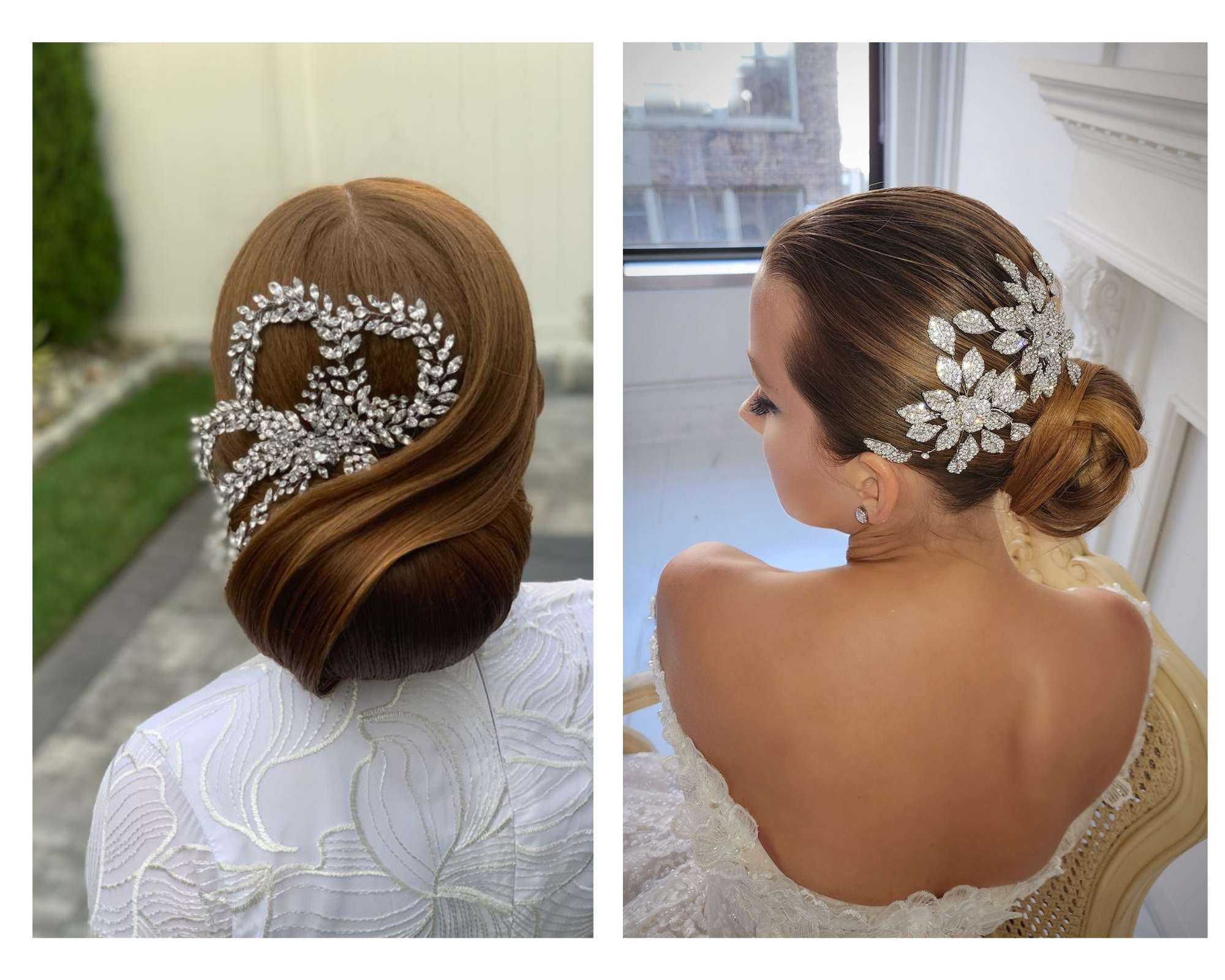 Low bridal buns styled with sparkling crystal hair vines that accent the back of the hairstyle.