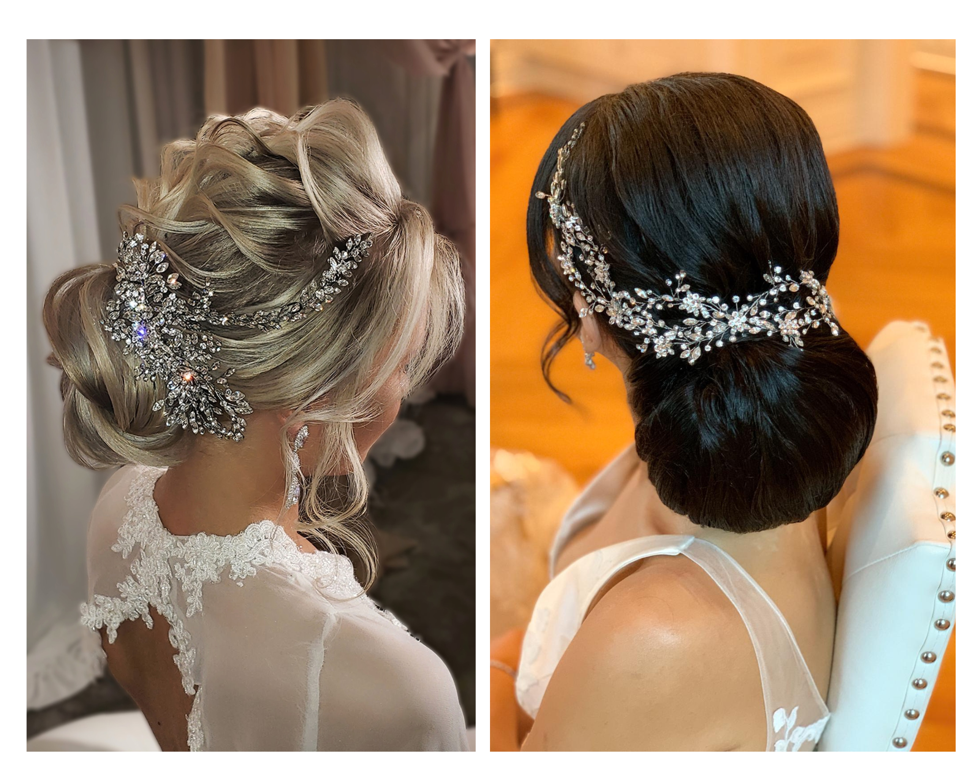 Low bridal buns styled with sparkling crystal halo hair vines with a back accent.