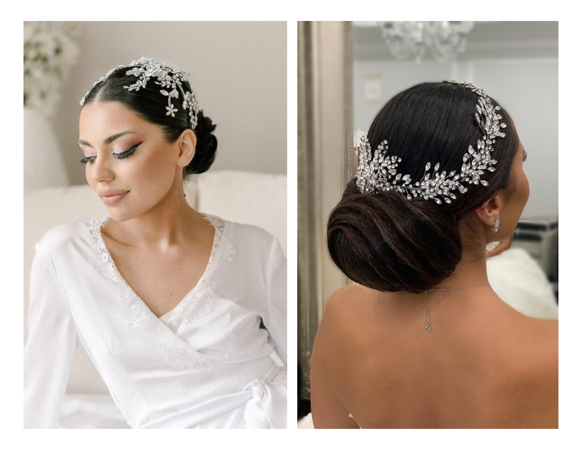 Low bridal buns styled with sparkling statement crystal halo hair vines.
