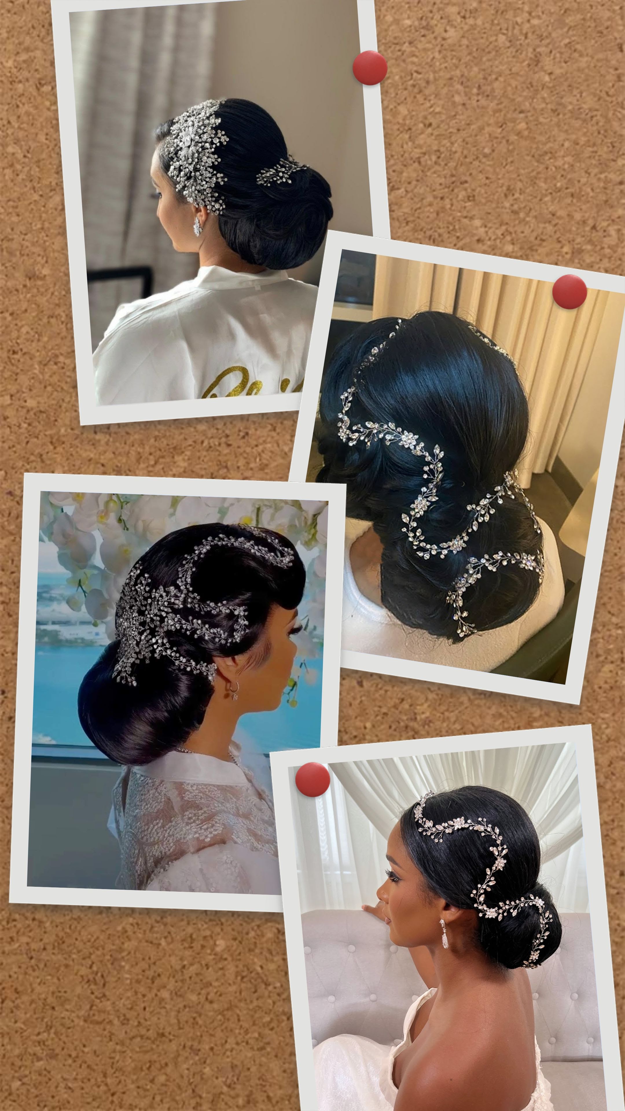 Bridal hair accessory ideas with a collage of images of wedding hairstyles with flexible wedding hair vines covered in Swarovski crystals
