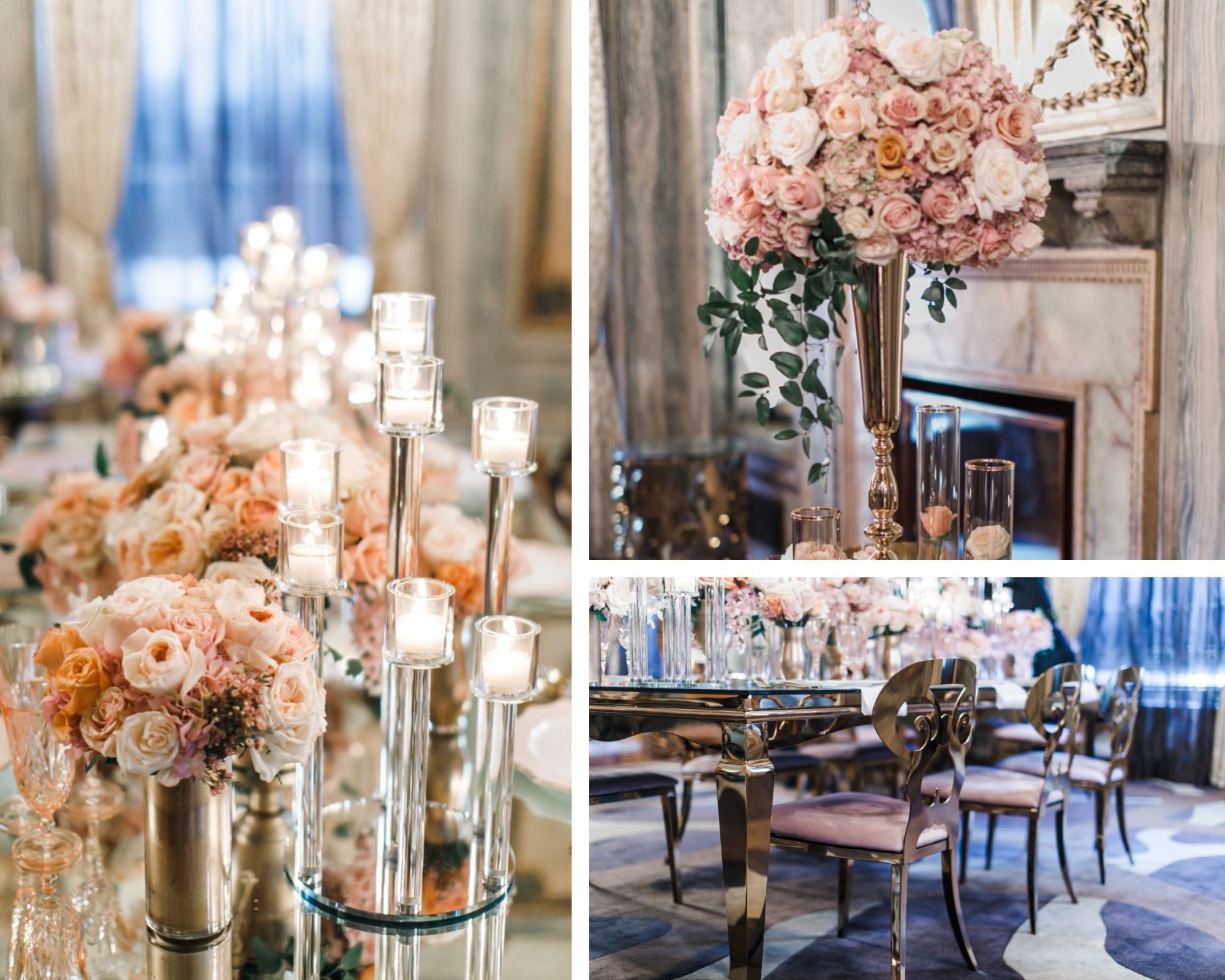 Marie Antoinette-inspired bridal style! This shoot features glam, regal wedding, and bridal style inspiration, like this lavish ballroom wedding reception. The pink and peach florals, mirrored tables, and candle light are stunning! Photography by Artvesta Studio.