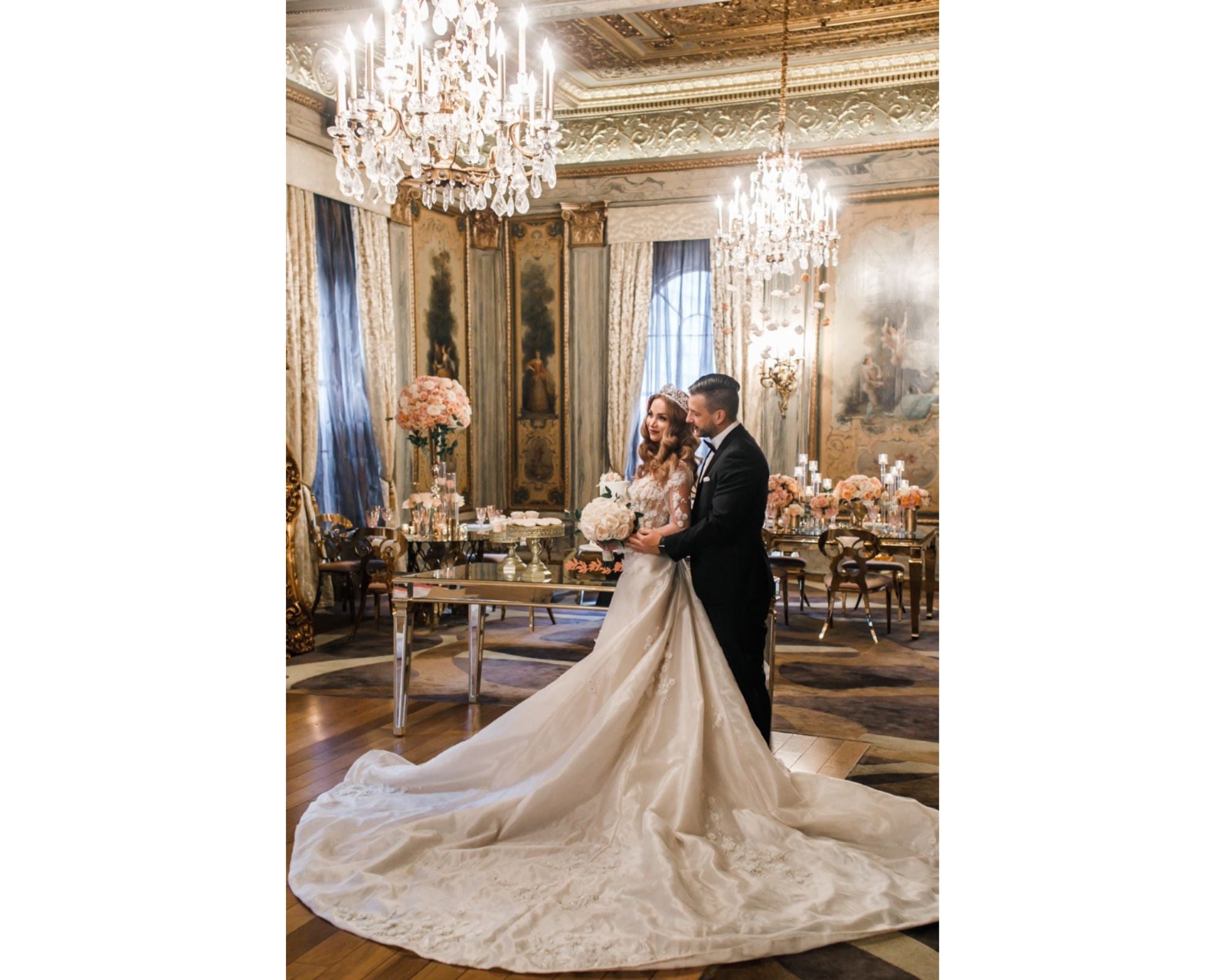 Marie Antoinette-inspired bridal style! This shoot features glam, lavish wedding and bridal style ideas, like this regal bride wearing a fabulous wedding gown with a full train from Bridal Reflections NY and Swarovski crystal bridal tiara from Bridal Styles Boutique.  Photography by Artvesta Studio. 