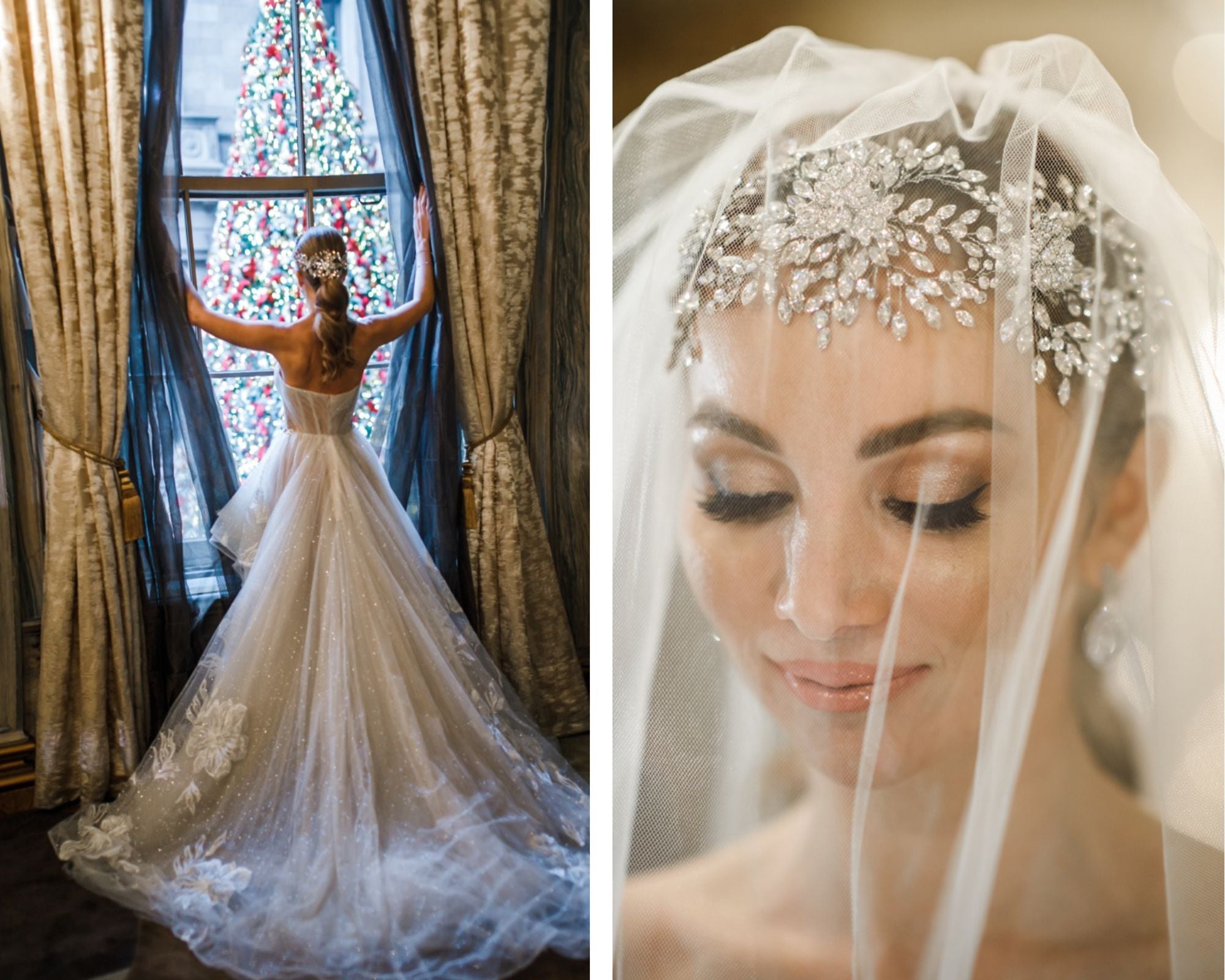 Marie Antoinette-inspired bridal style! This shoot features glam, lavish wedding, and bridal style ideas, like this regal bride wearing a fabulous wedding gown with a full, sheer train from Bridal Reflections NY and a Swarovski crystal bridal hair vine from Bridal Styles Boutique. Photography by Artvesta Studio. 