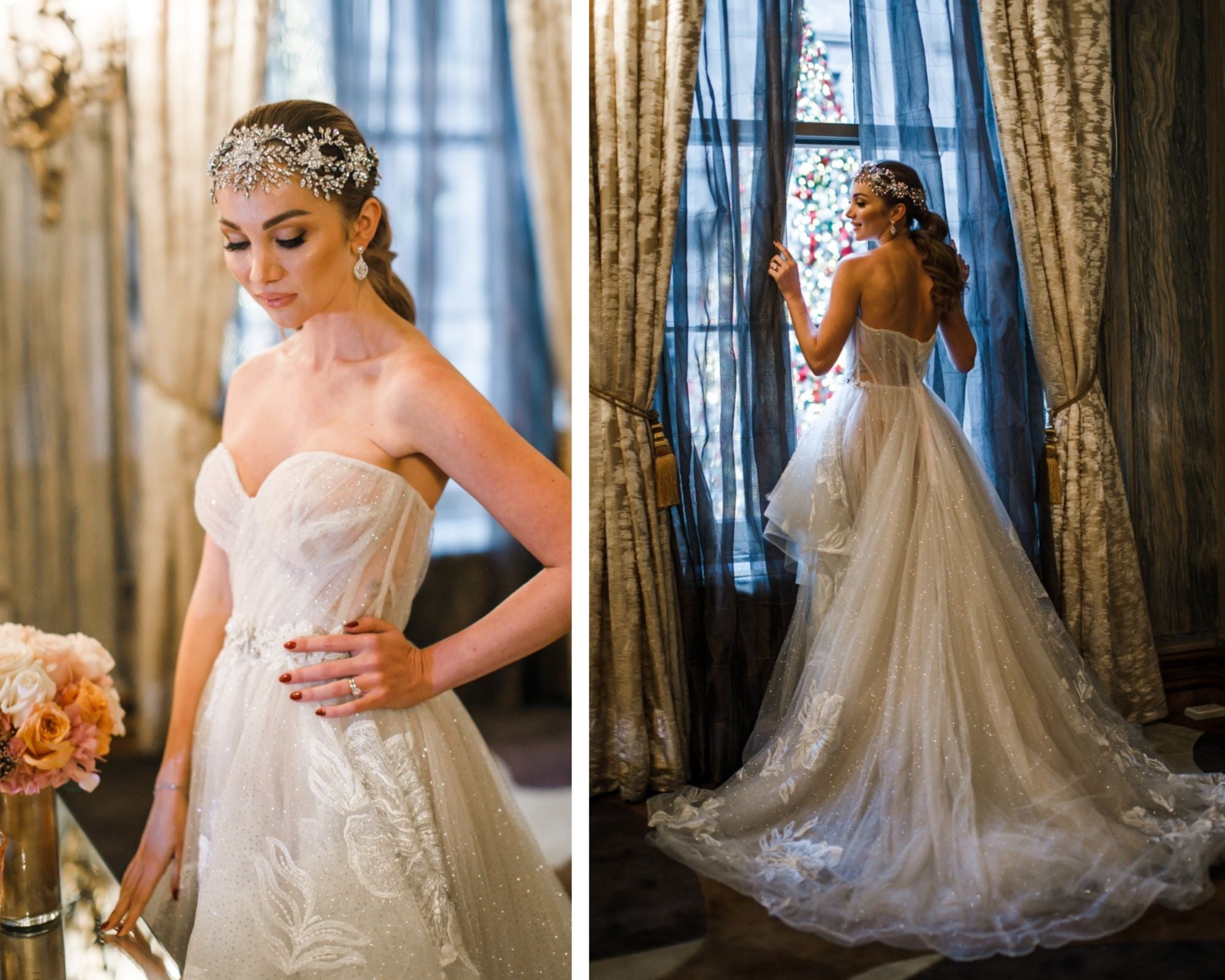 Marie Antoinette-inspired bridal style! This shoot features glam, lavish wedding, and bridal style ideas, like this regal bride wearing a fabulous wedding gown with a full, sheer train from Bridal Reflections NY, and a Swarovski crystal bridal hair vine and CZ drop earrings from Bridal Styles Boutique. Photography by Artvesta Studio.