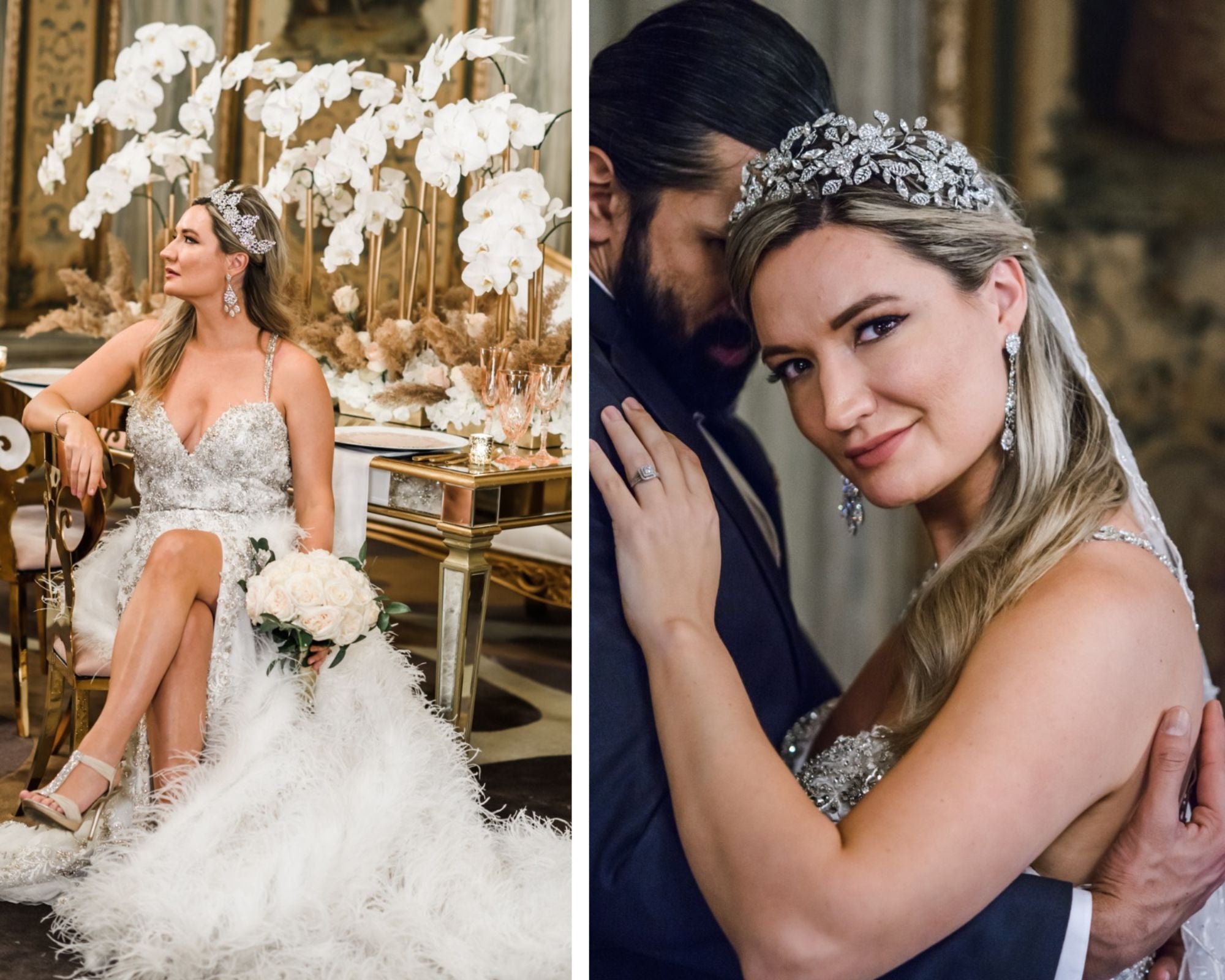 Marie Antoinette-inspired wedding and bridal style inspiration! The regal bride is wearing a fabulous wedding gown from Bridal Reflections NY, a Swarovski crystal bridal tiara and headband, and CZ dangly statement earrings from Bridal Styles Boutique. Photography by Artvesta Studio. 