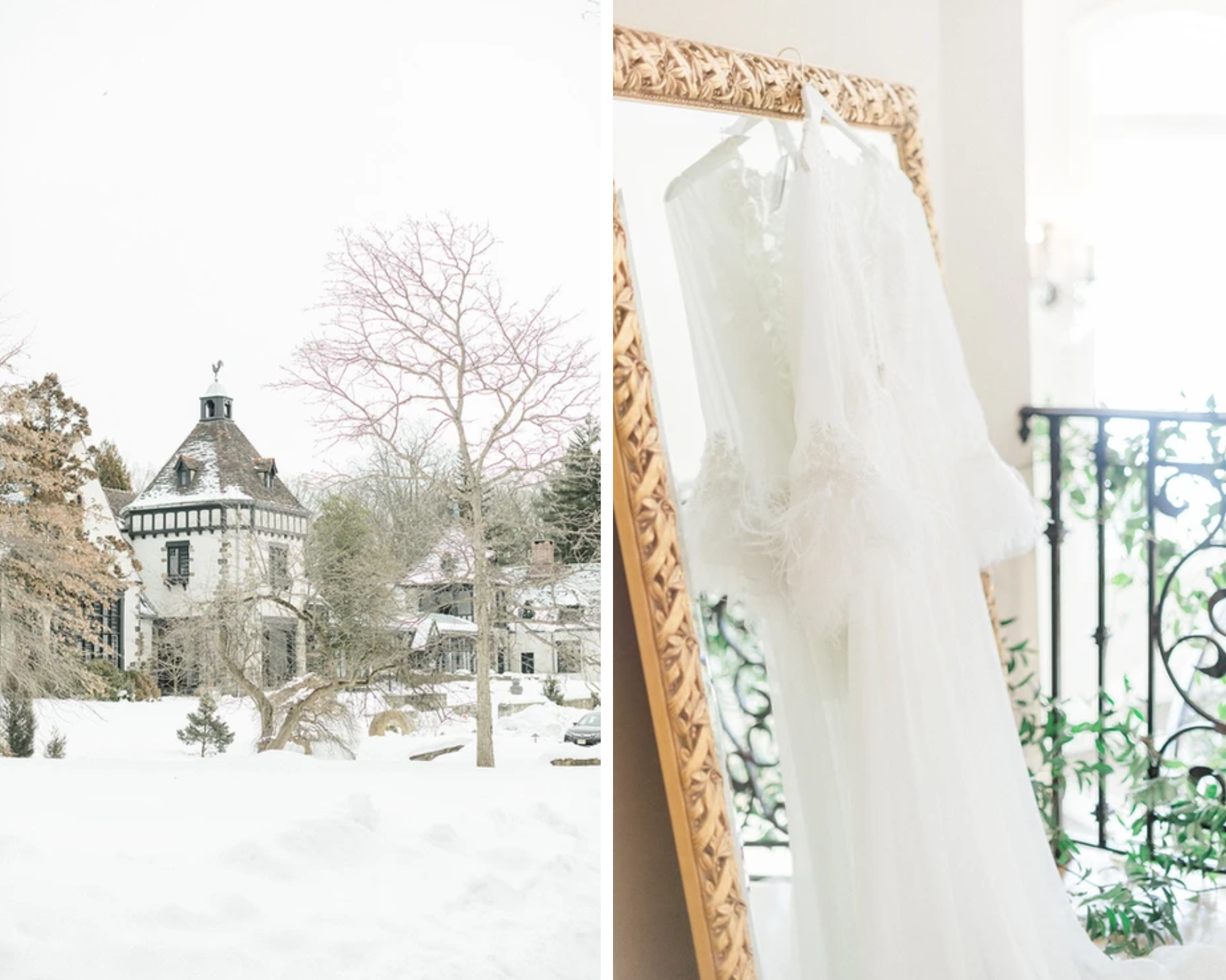 A beautiful bridal robe hangs on a mirror, and an outdoor shot of a winter at Pleasantdale Chateau