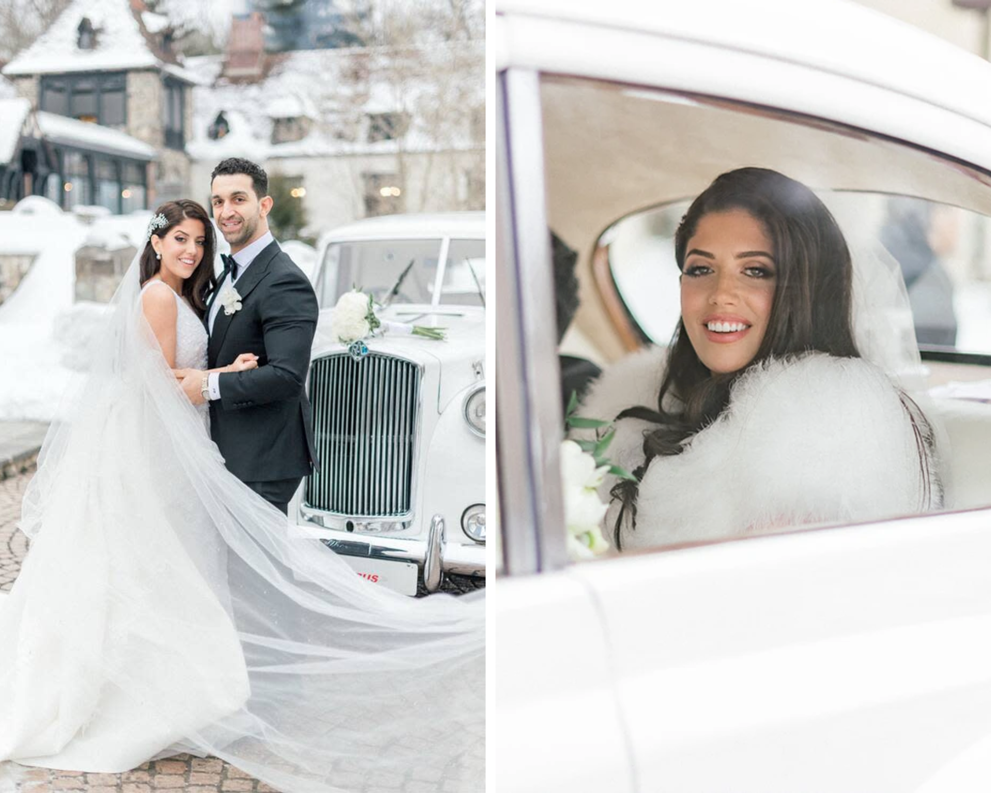 A beautiful bride and groom outside in the snow. And Victoria being driven to her ceremony in a white Rolls Royce.