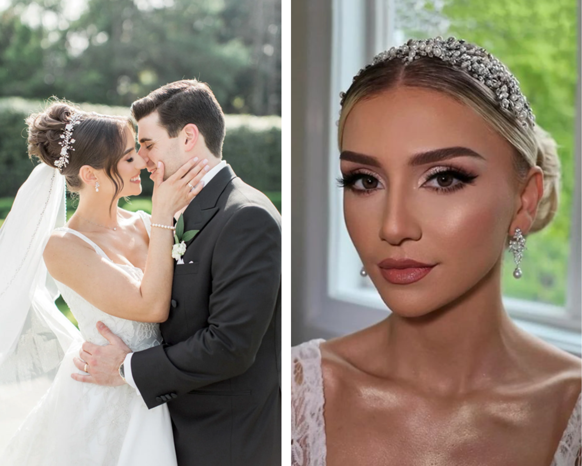 Two separate images of brides wearing pearl and crystal wedding headpiece with pearl bridal earrings