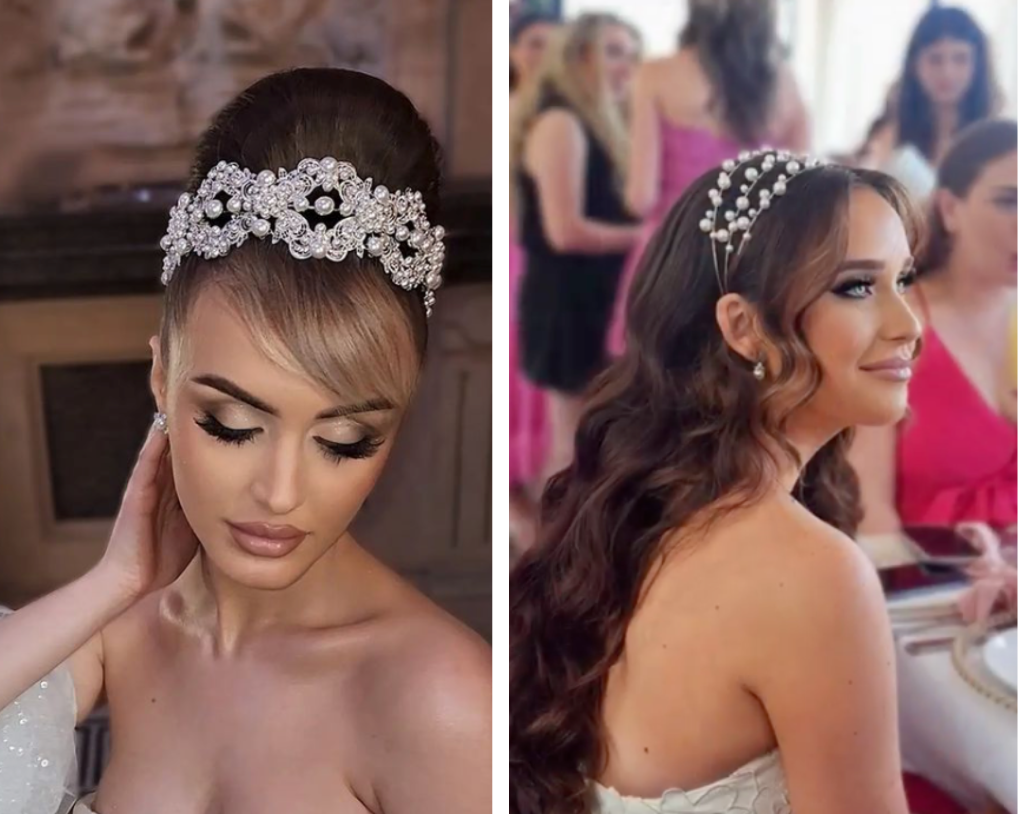 Two separate images of brides wearing pearl and crystal wedding headpiece with pearl bridal earrings