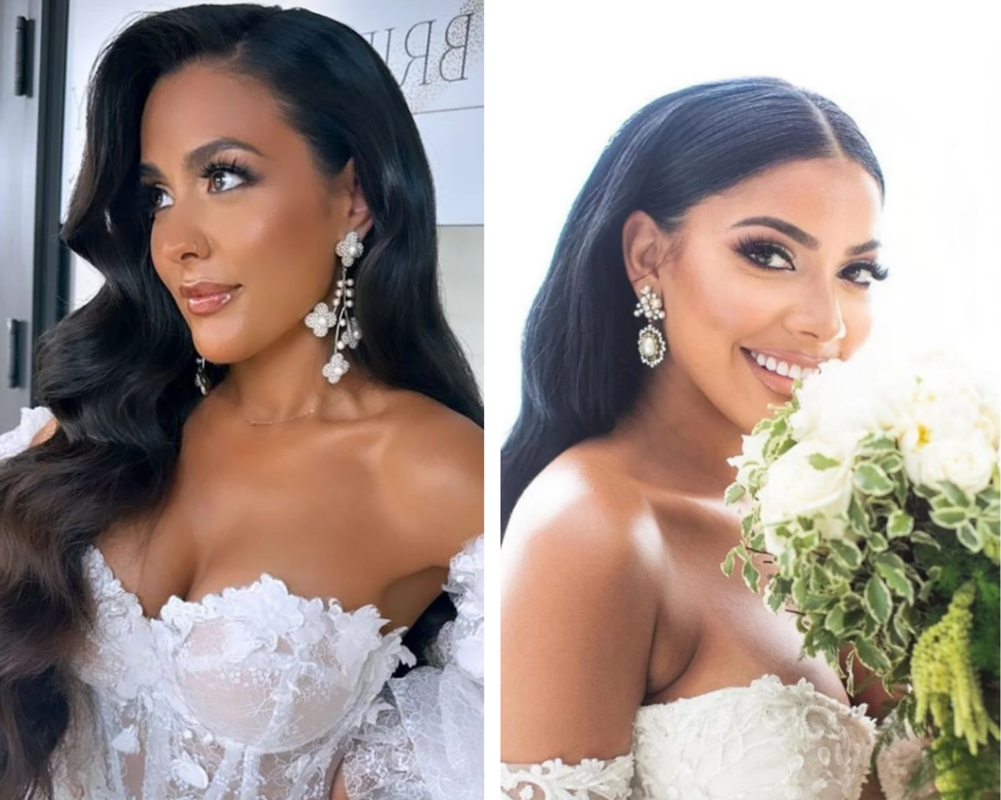 Two separate images of brides wearing pearl and crystal wedding headpiece with pearl bridal dangly earrings