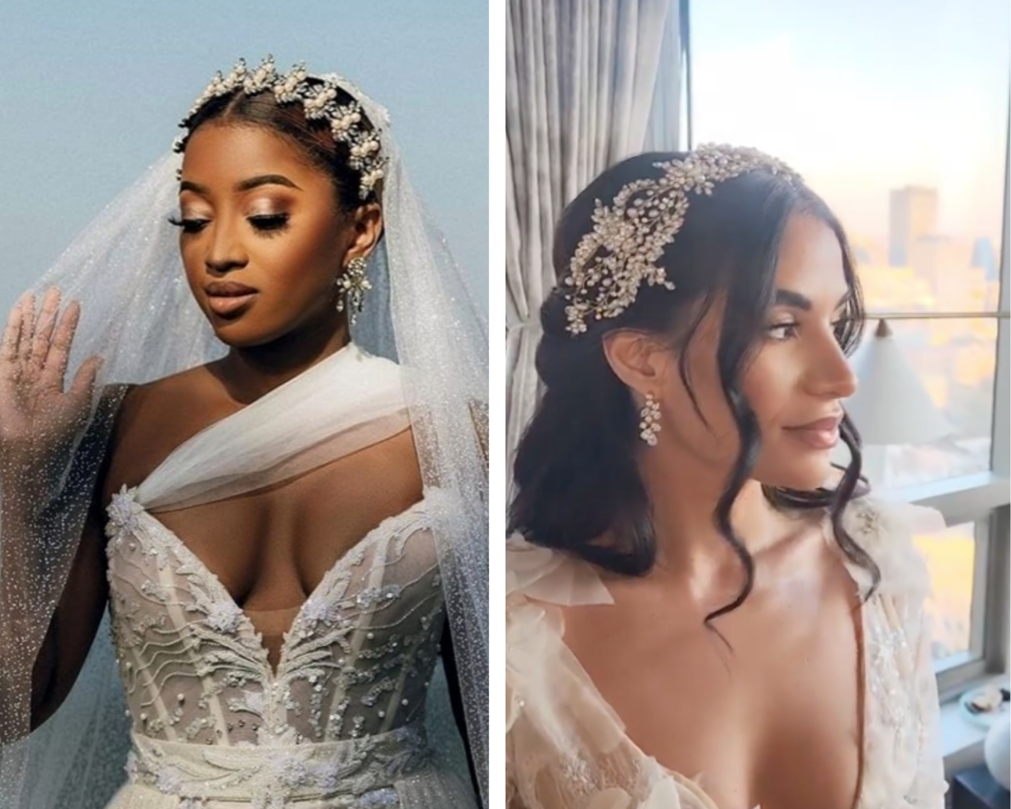 Two separate images of brides wearing pearl and crystal wedding headpiece with pearl bridal dangly earrings