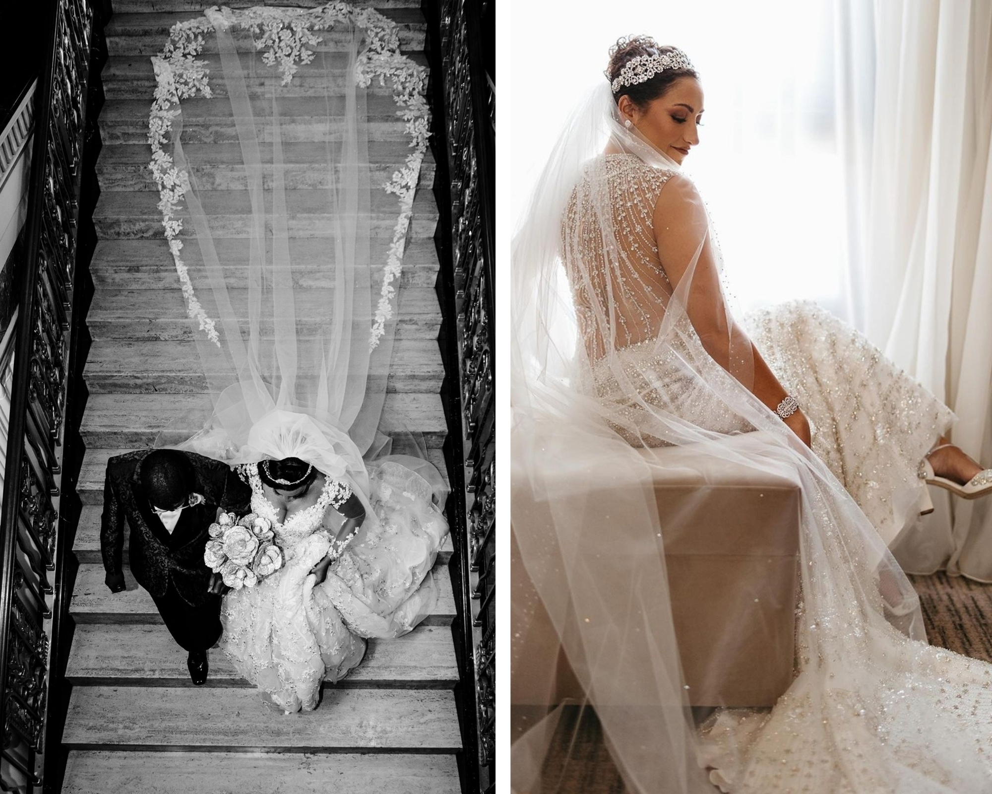 Lace-edged cathedral wedding veils and Swarovski crystal headpieces