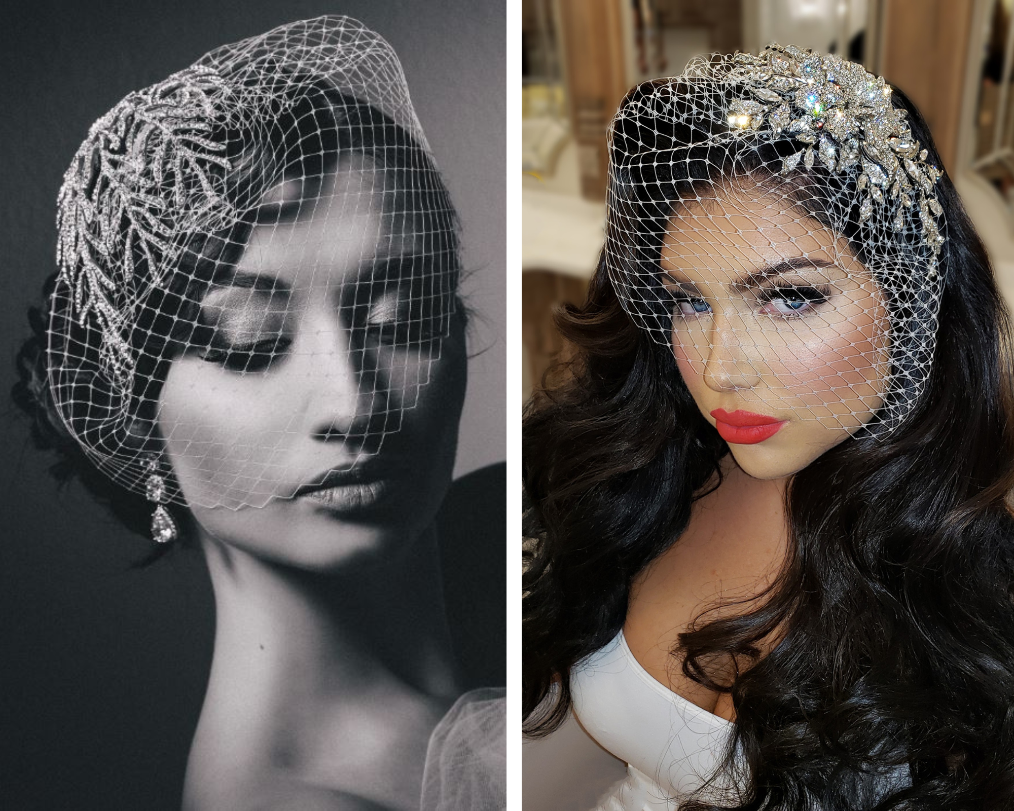 French net blusher veils enhancing the glamour of bridal hair and makeup