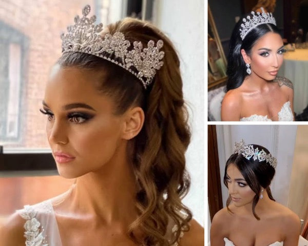 Brides wearing sleek and voluminous high ponytails paired with oversized crystal crowns and tiaras, showcasing a bold, modern bridal look