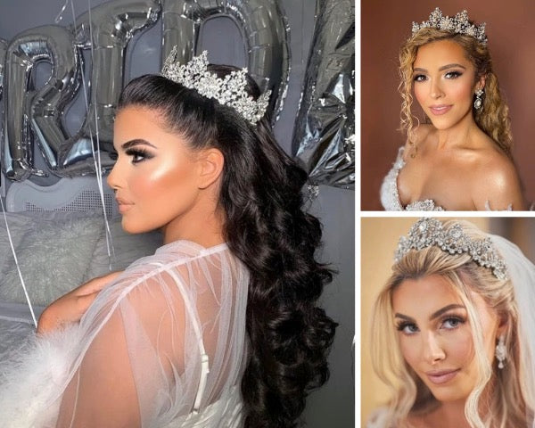 Brides with half-up, half-down hairstyles paired with delicate tiaras and crystal headpieces, blending romance and structure for a classic wedding style