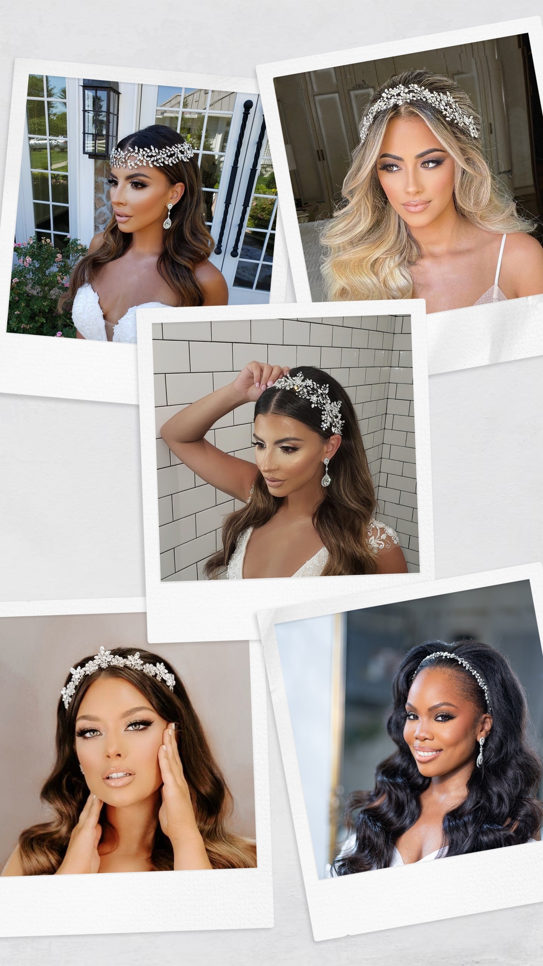 An inspiration board of bridal hair styled in romantic waves with Swarovski crystal headpieces