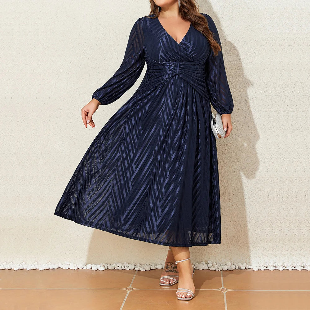 Plus Size Long Sleeve V-Neck Evening Dress